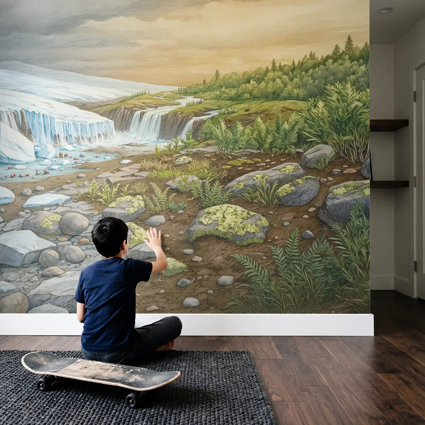 Child in nursery with Ice Age Landscape Transition Wallpaper Mural by Whimsy Tots
