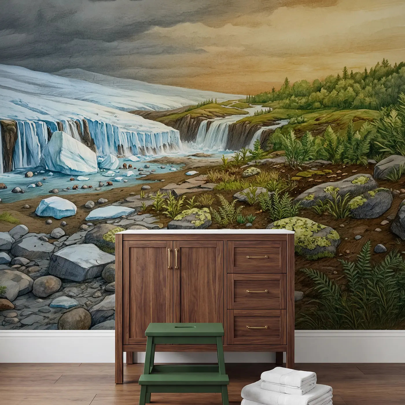 Ice Age Landscape Transition Wallpaper Mural in playroom setting by Whimsy Tots