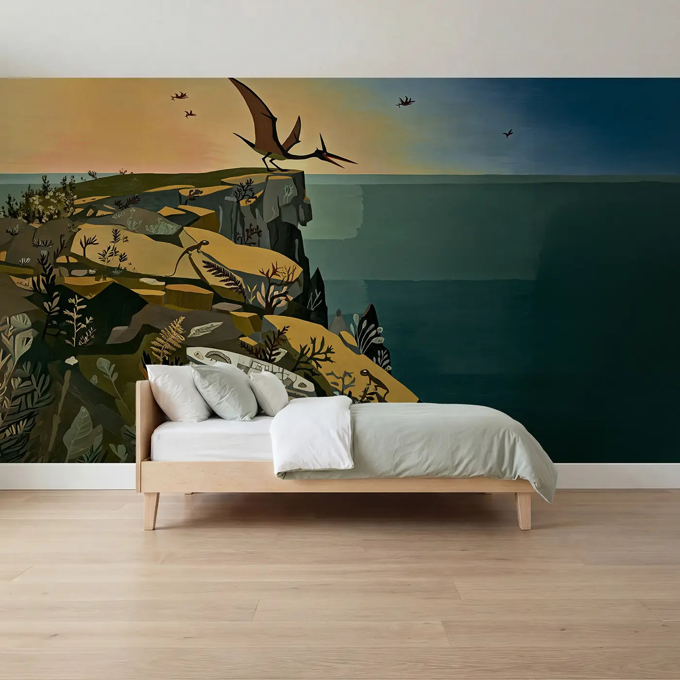 modern illustration pterodactyl cliff dawn wallpaper mural for boys room by Whimsy Tots