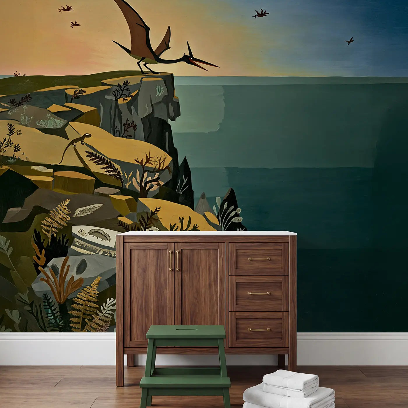 Cliff Edge Pterodactyl Dawn Wallpaper Mural in playroom setting by Whimsy Tots