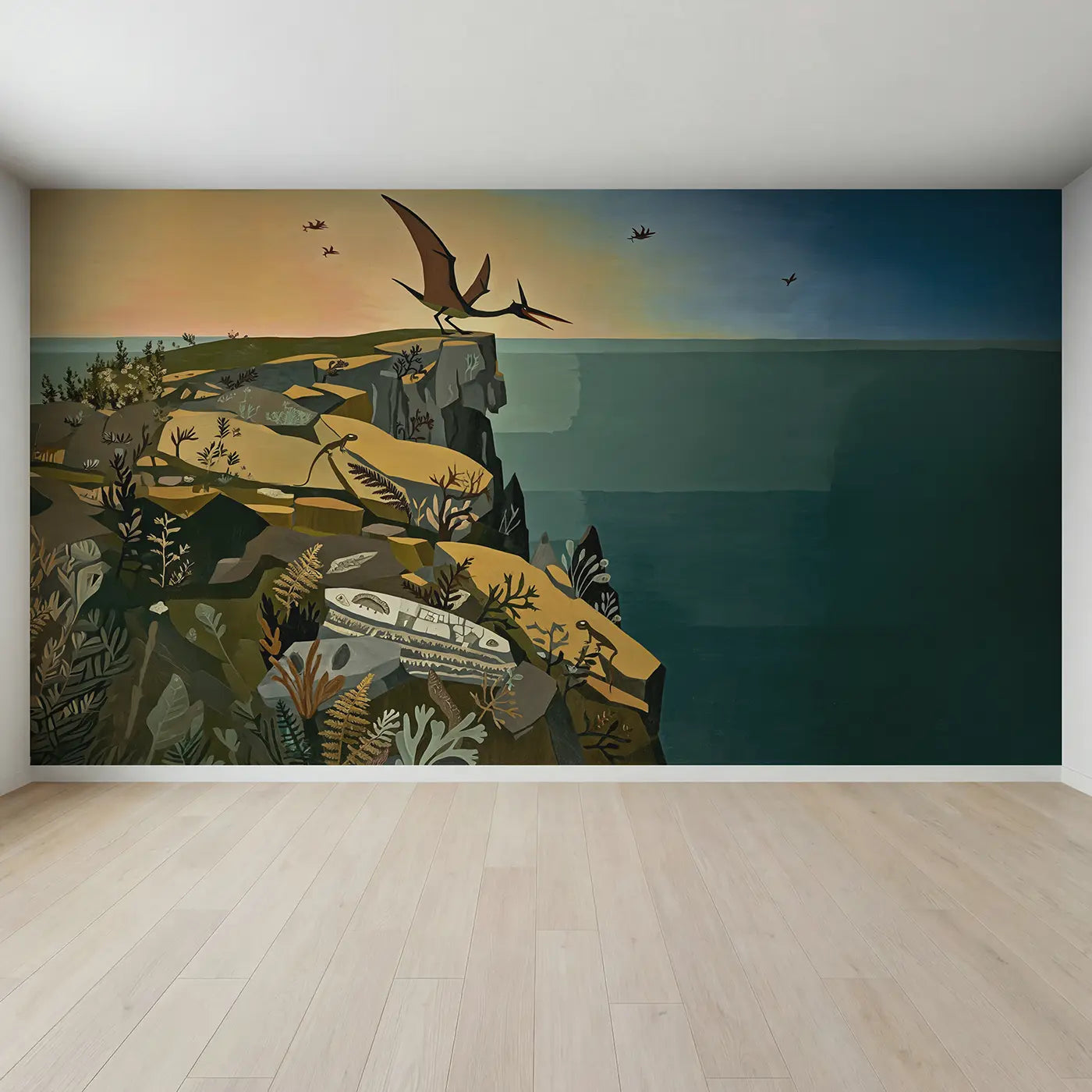 Full view of Cliff Edge Pterodactyl Dawn Wallpaper Mural by Whimsy Tots
