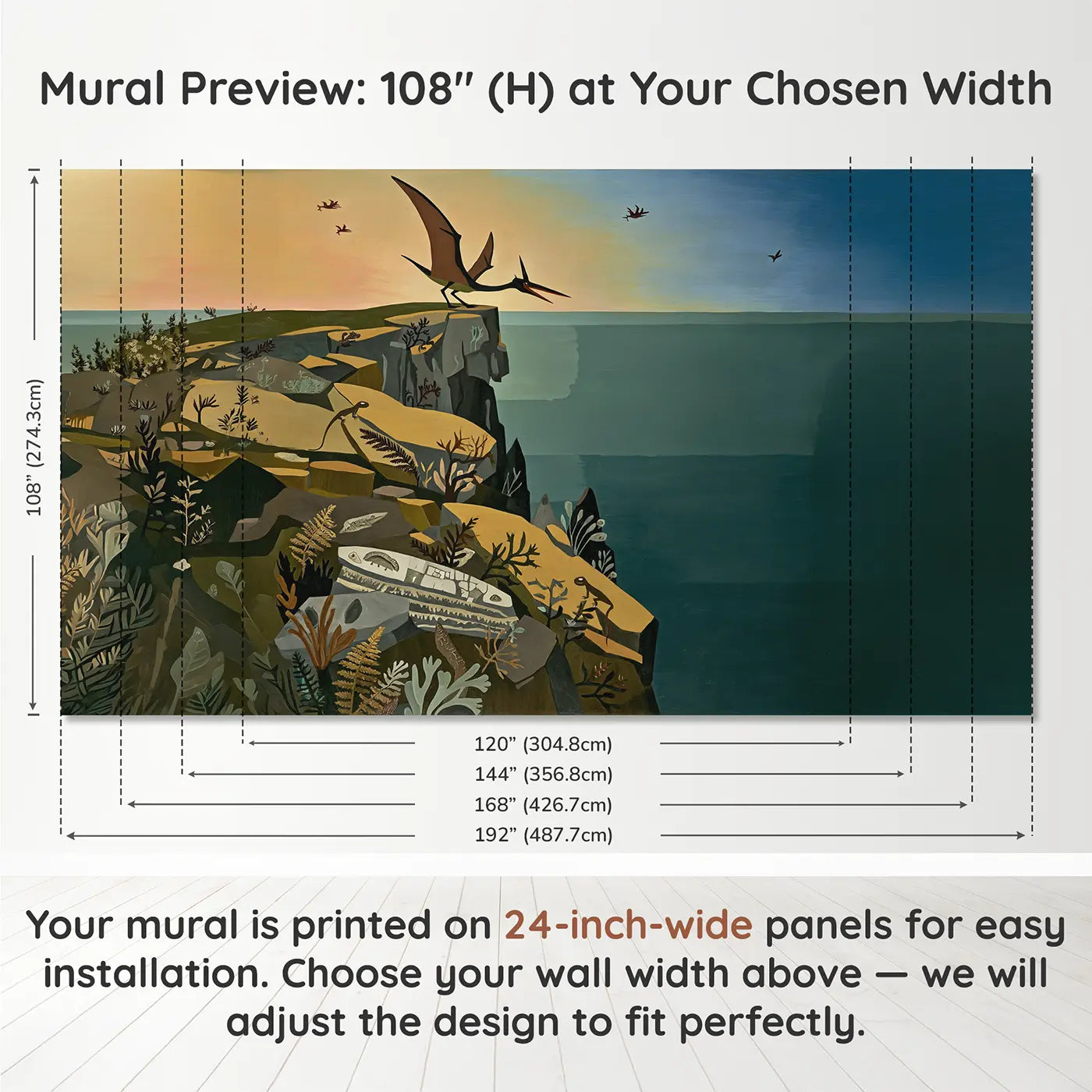 Panel layout and dimensions for Cliff Edge Pterodactyl Dawn Wallpaper Mural by Whimsy Tots