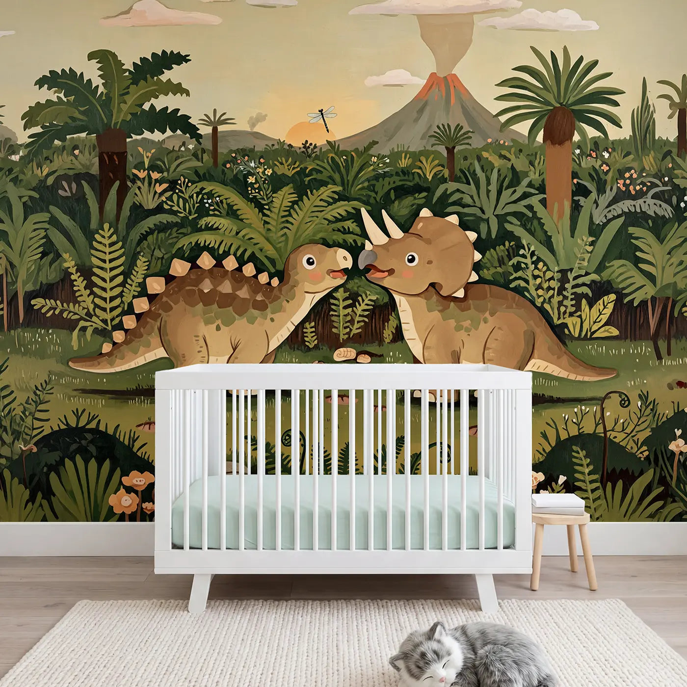 modern illustration baby dinosaur meadow mural for girls room by Whimsy Tots