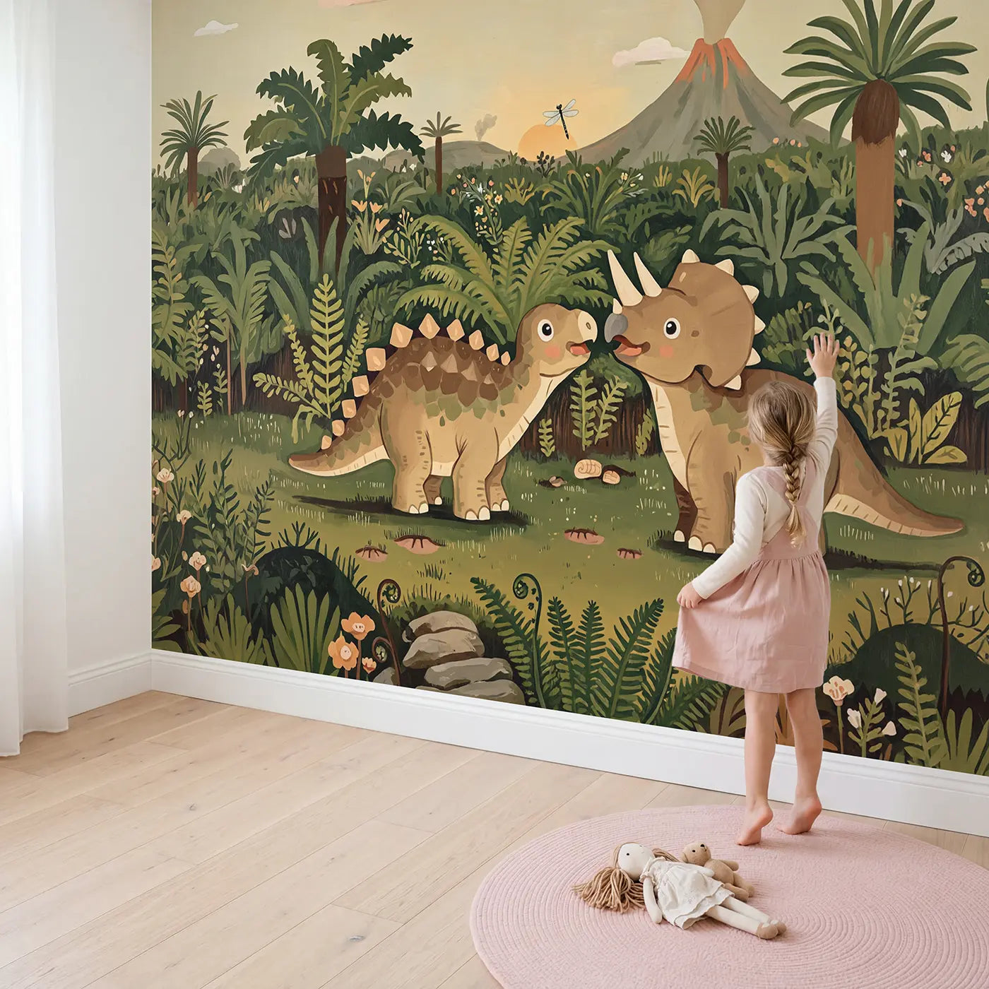 Child in nursery with Baby Dinosaur First Friends Meadow Wallpaper Mural by Whimsy Tots