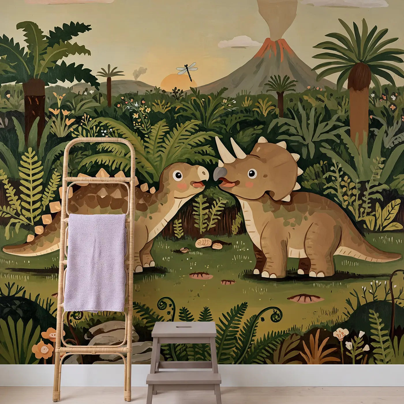 Baby Dinosaur First Friends Meadow Wallpaper Mural in playroom setting by Whimsy Tots