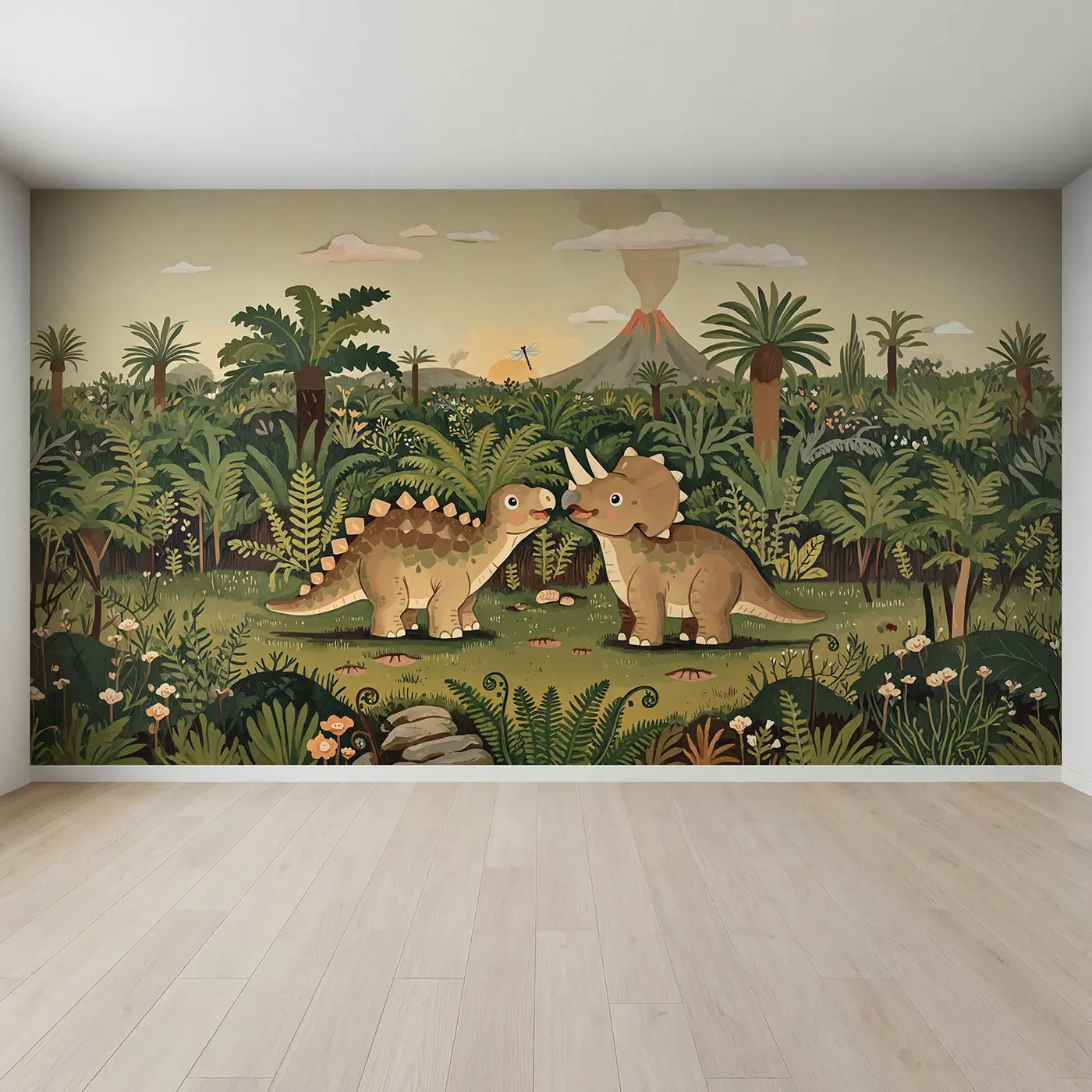 Full view of Baby Dinosaur First Friends Meadow Wallpaper Mural by Whimsy Tots