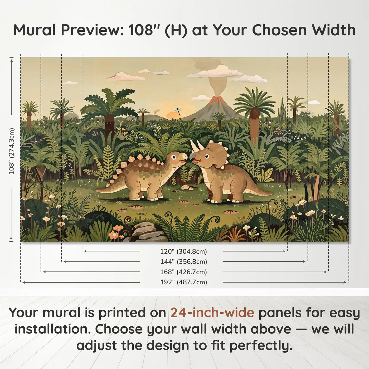 Panel layout and dimensions for Baby Dinosaur First Friends Meadow Wallpaper Mural by Whimsy Tots