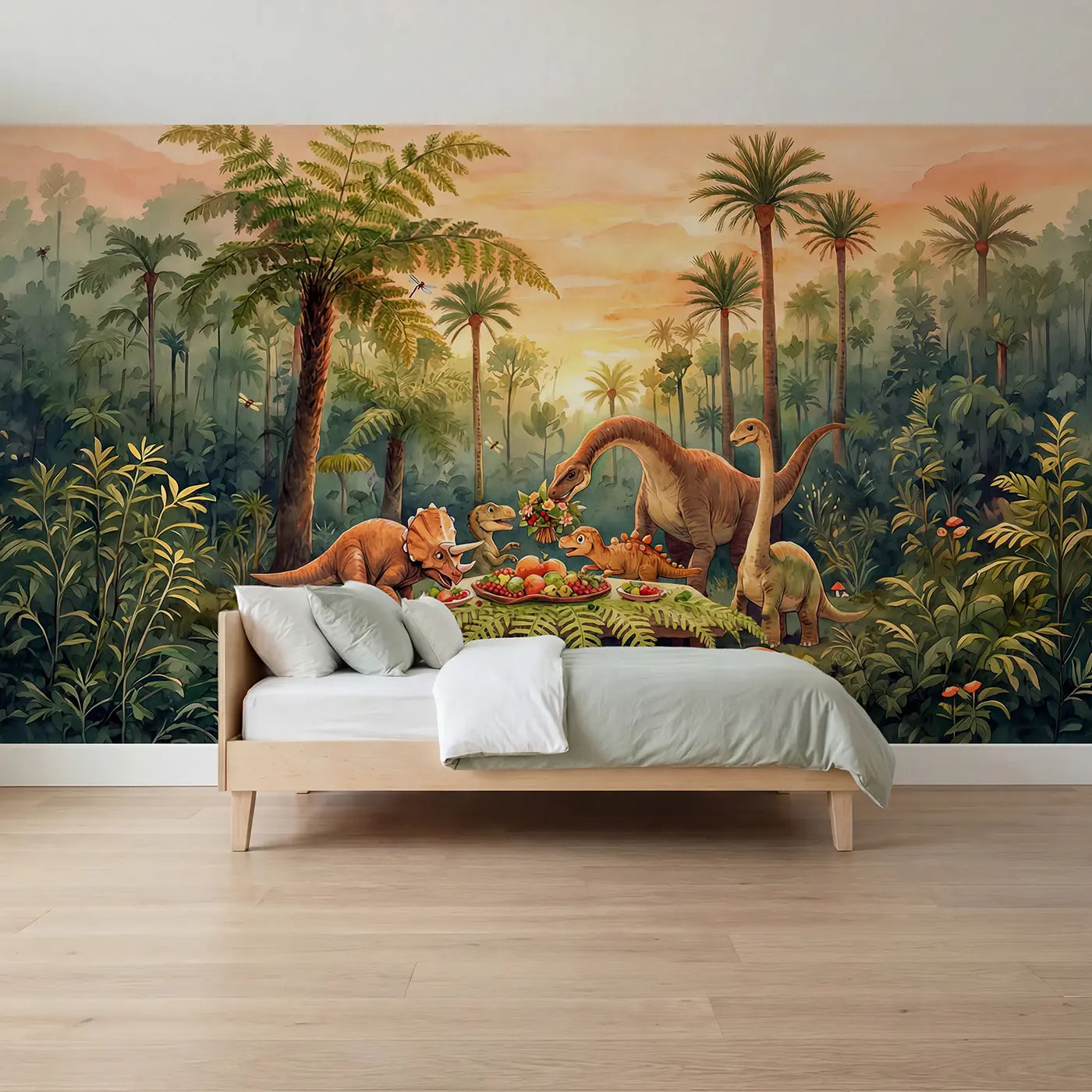 Watercolor dinosaur family fern glade wallpaper mural for boys room by Whimsy Tots