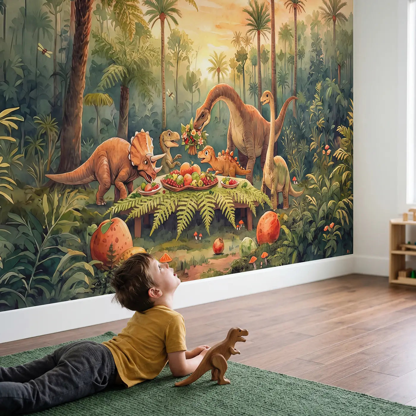 Child in nursery with Dinosaur Family Feast Wallpaper Mural by Whimsy Tots