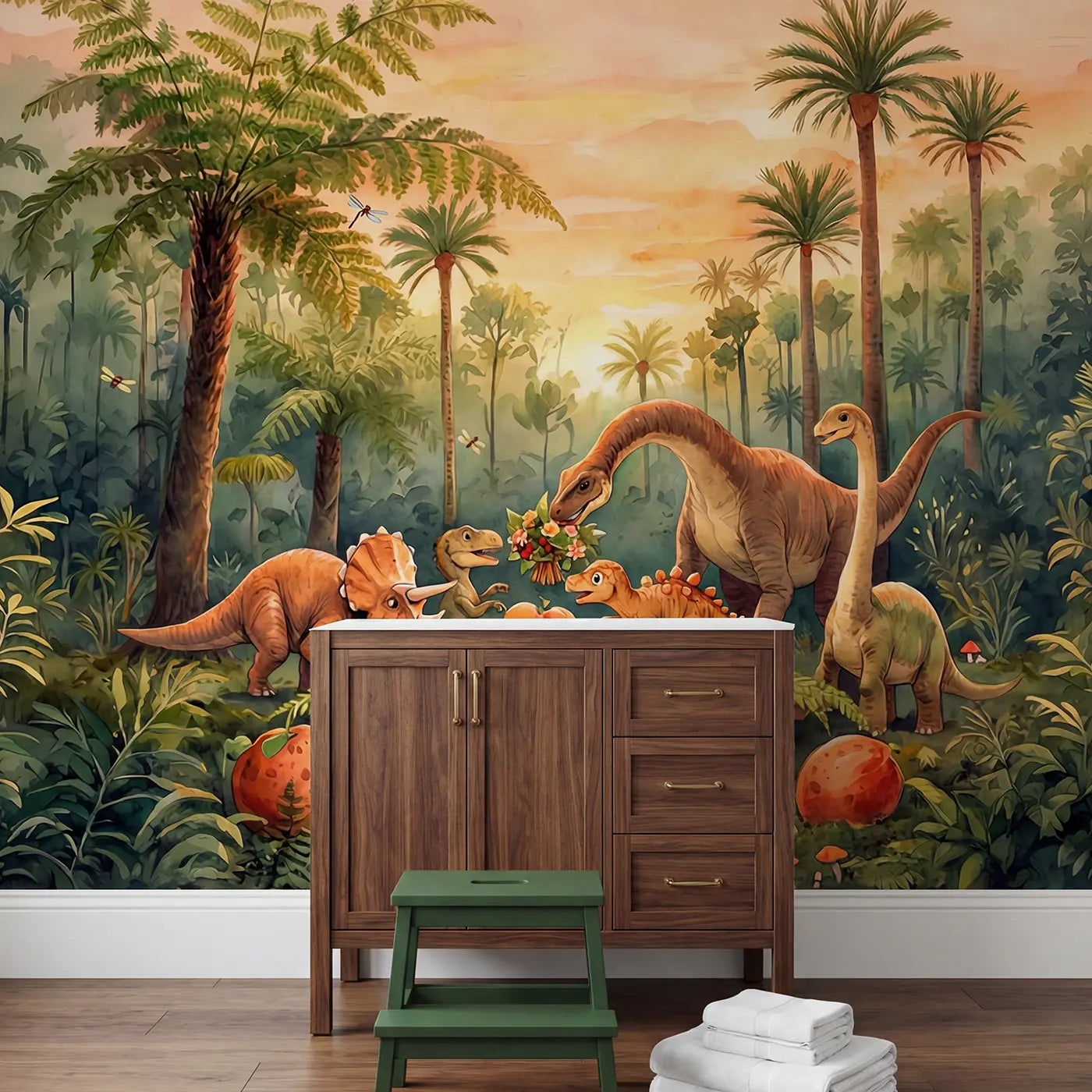 Dinosaur Family Feast Wallpaper Mural in playroom setting by Whimsy Tots