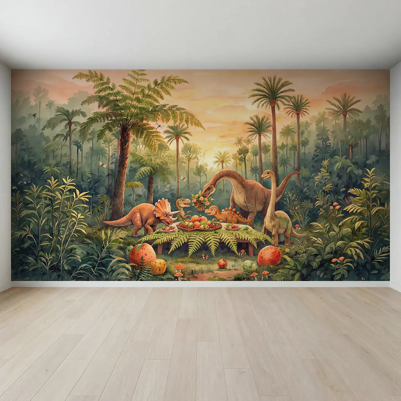Full view of Dinosaur Family Feast Wallpaper Mural by Whimsy Tots
