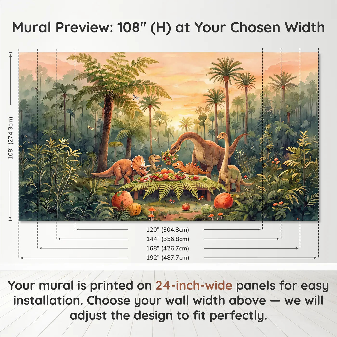 Panel layout and dimensions for Dinosaur Family Feast Wallpaper Mural by Whimsy Tots
