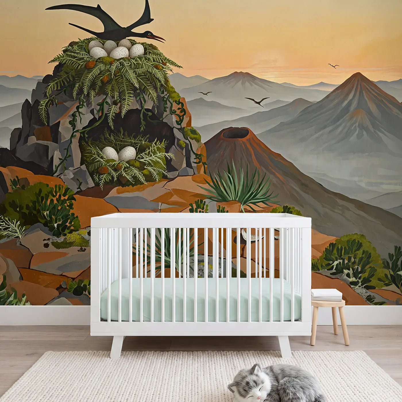modern illustration pterodactyl cliff nest eggs wallpaper mural for girls room by Whimsy Tots