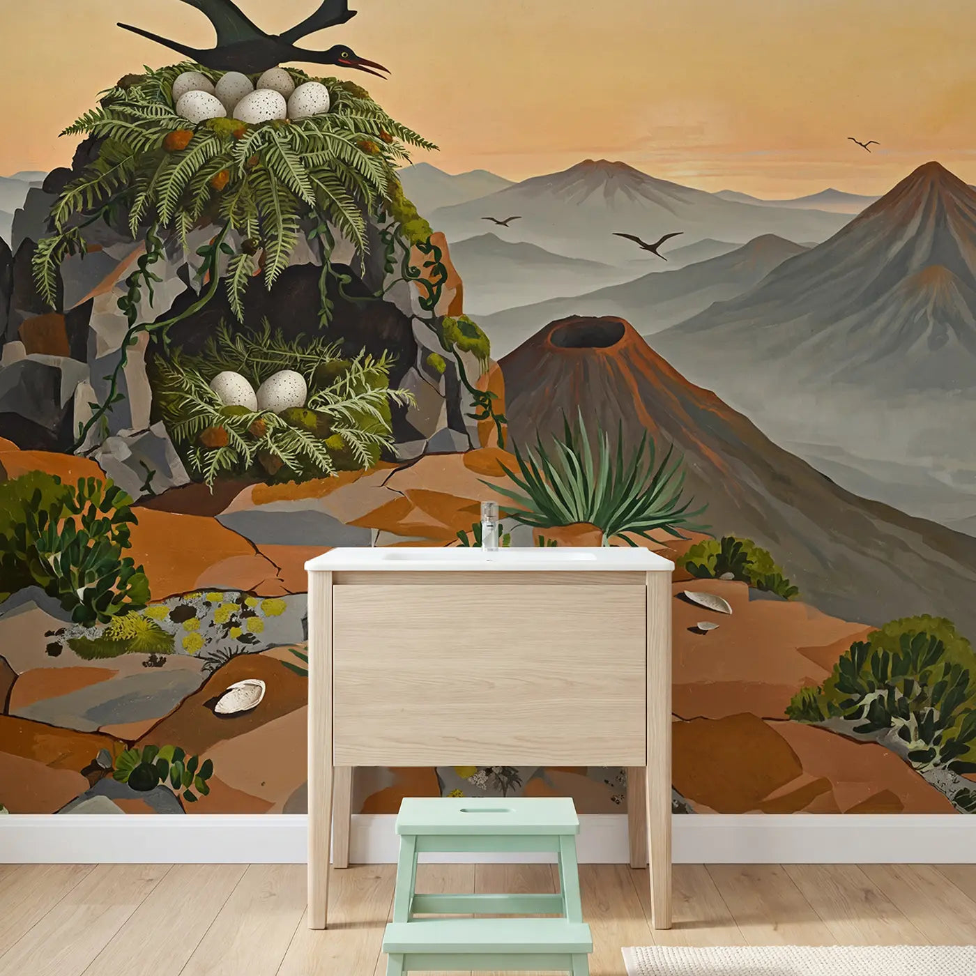 Pterodactyl Cliff Nest Wallpaper Mural in playroom setting by Whimsy Tots