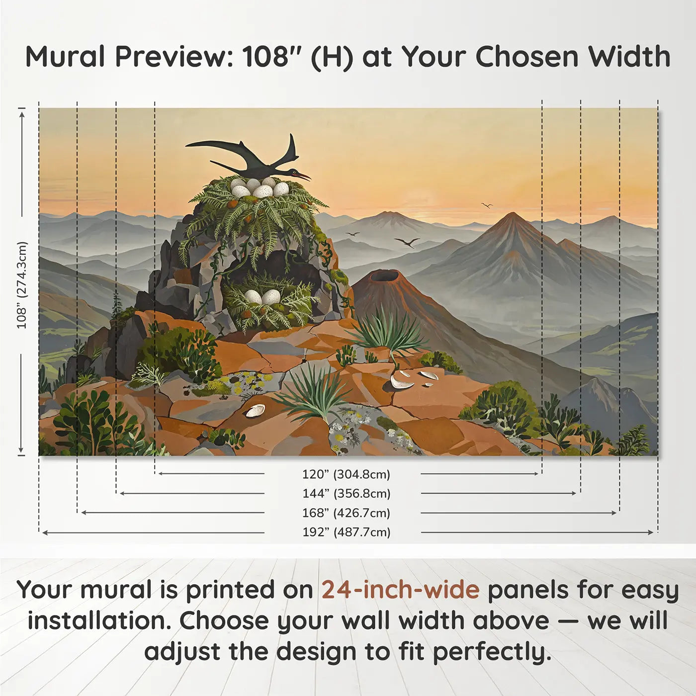 Panel layout and dimensions for Pterodactyl Cliff Nest Wallpaper Mural by Whimsy Tots