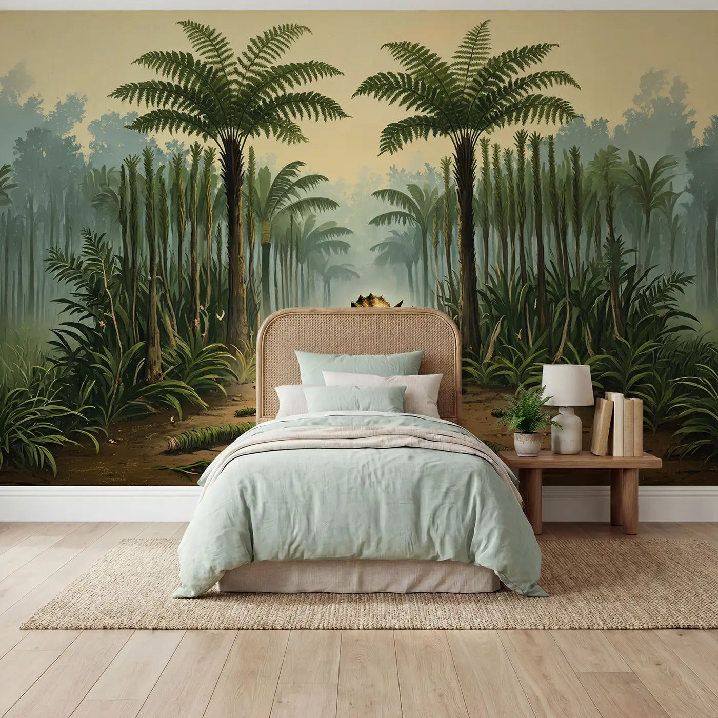 painted triceratops fern forest prehistoric wallpaper mural for kids room by Whimsy Tots