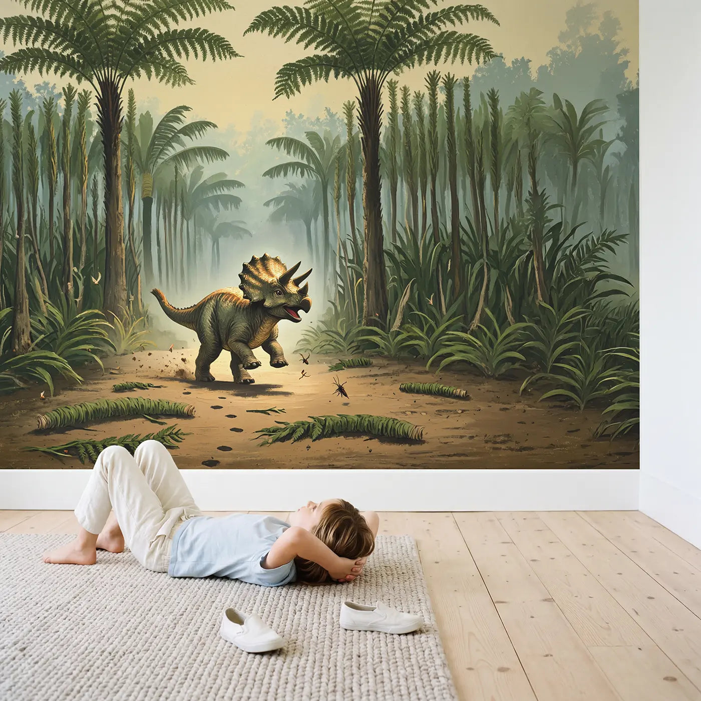 Child in nursery with Playful Triceratops Fern Forest Wallpaper Mural by Whimsy Tots