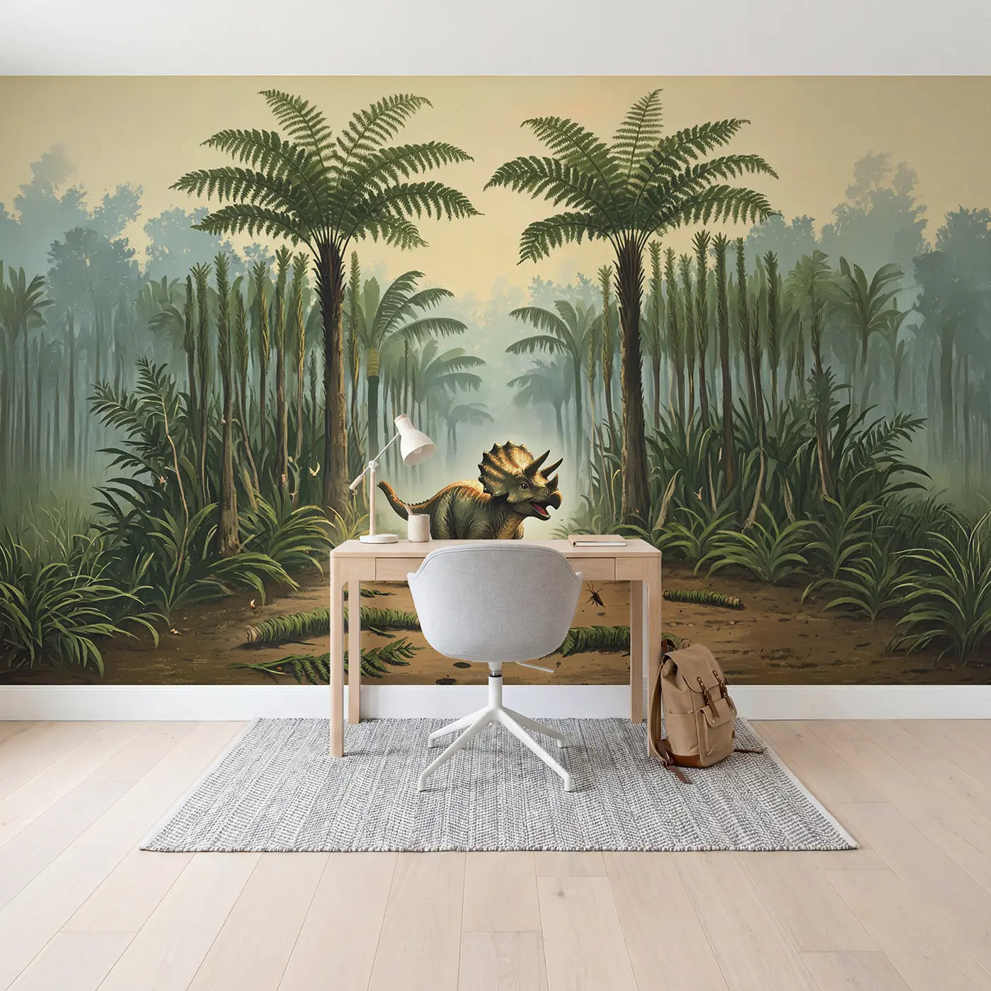 Playful Triceratops Fern Forest Wallpaper Mural in playroom setting by Whimsy Tots