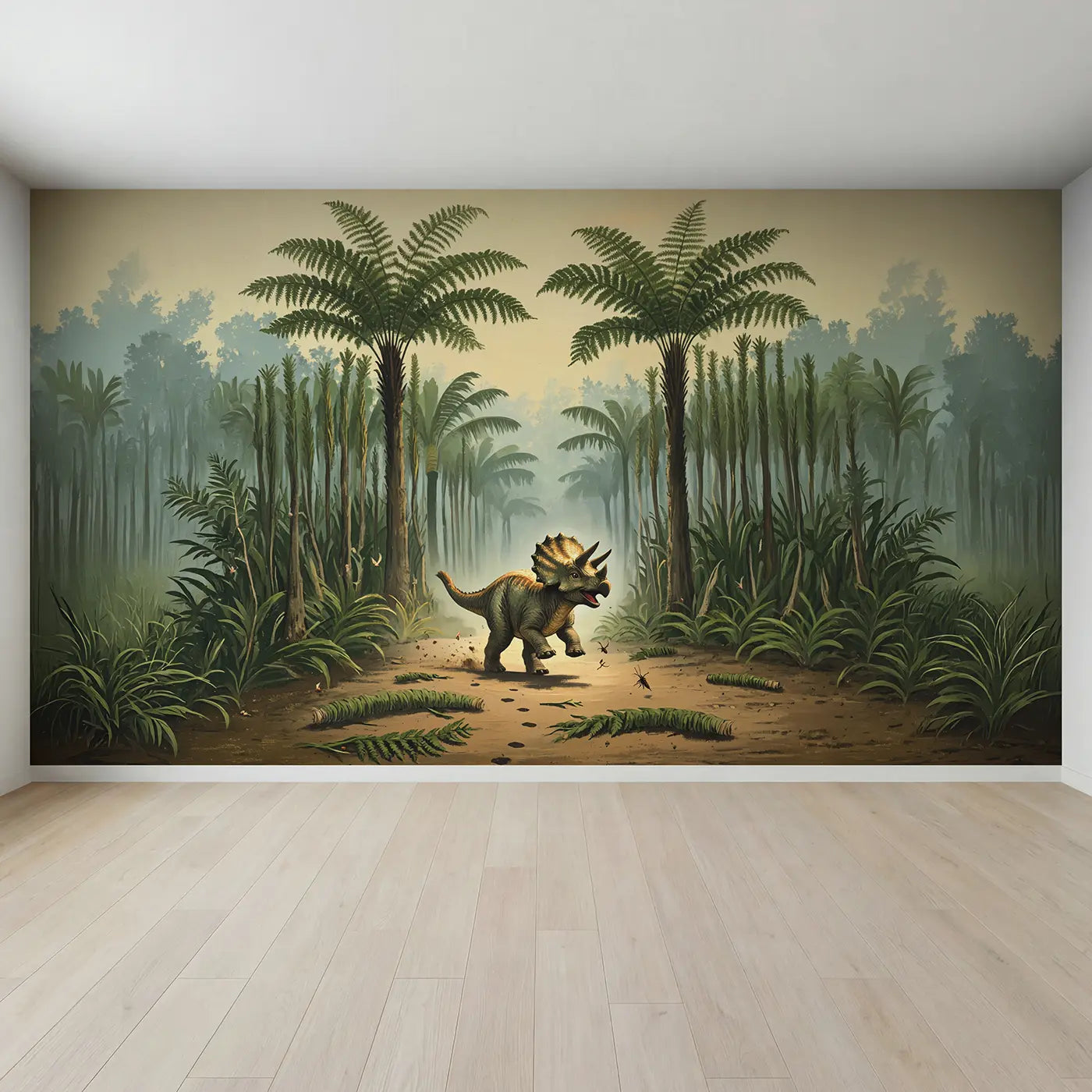 Full view of Playful Triceratops Fern Forest Wallpaper Mural by Whimsy Tots