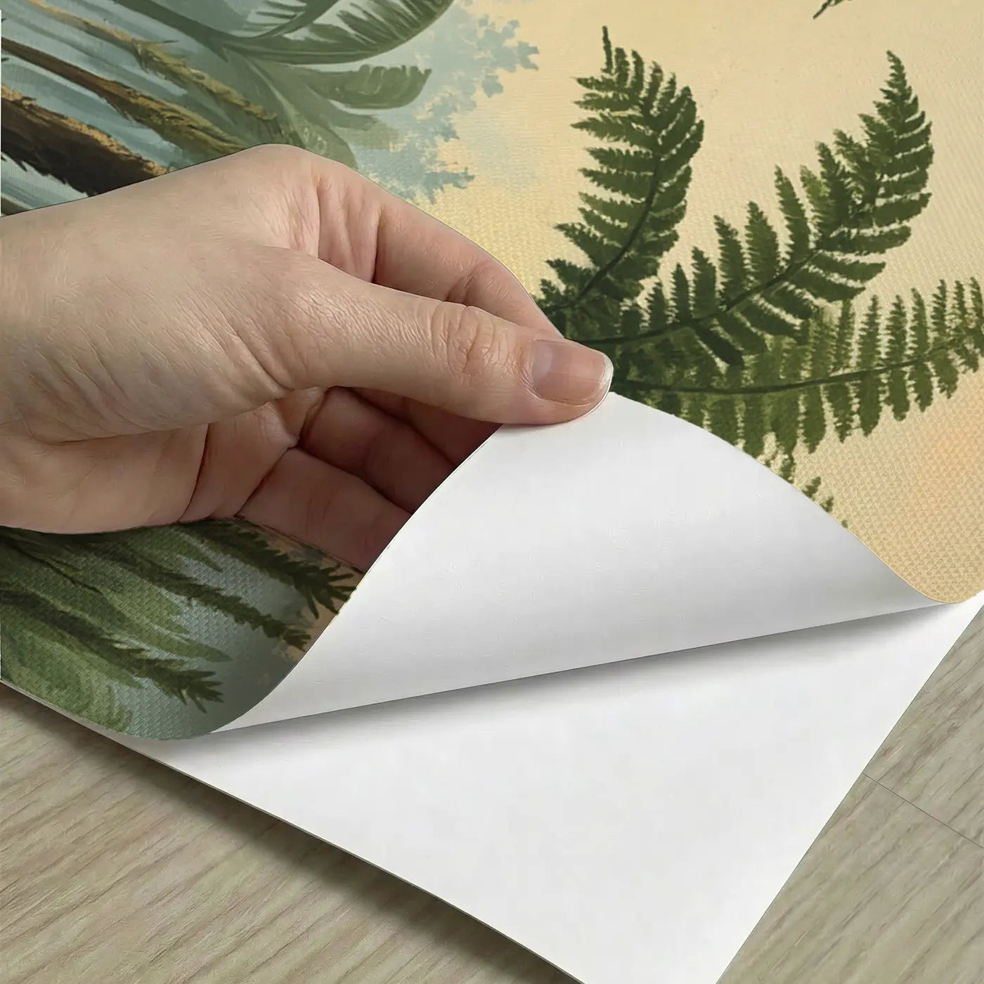 Peel-and-stick detail of Playful Triceratops Fern Forest Wallpaper Mural by Whimsy Tots