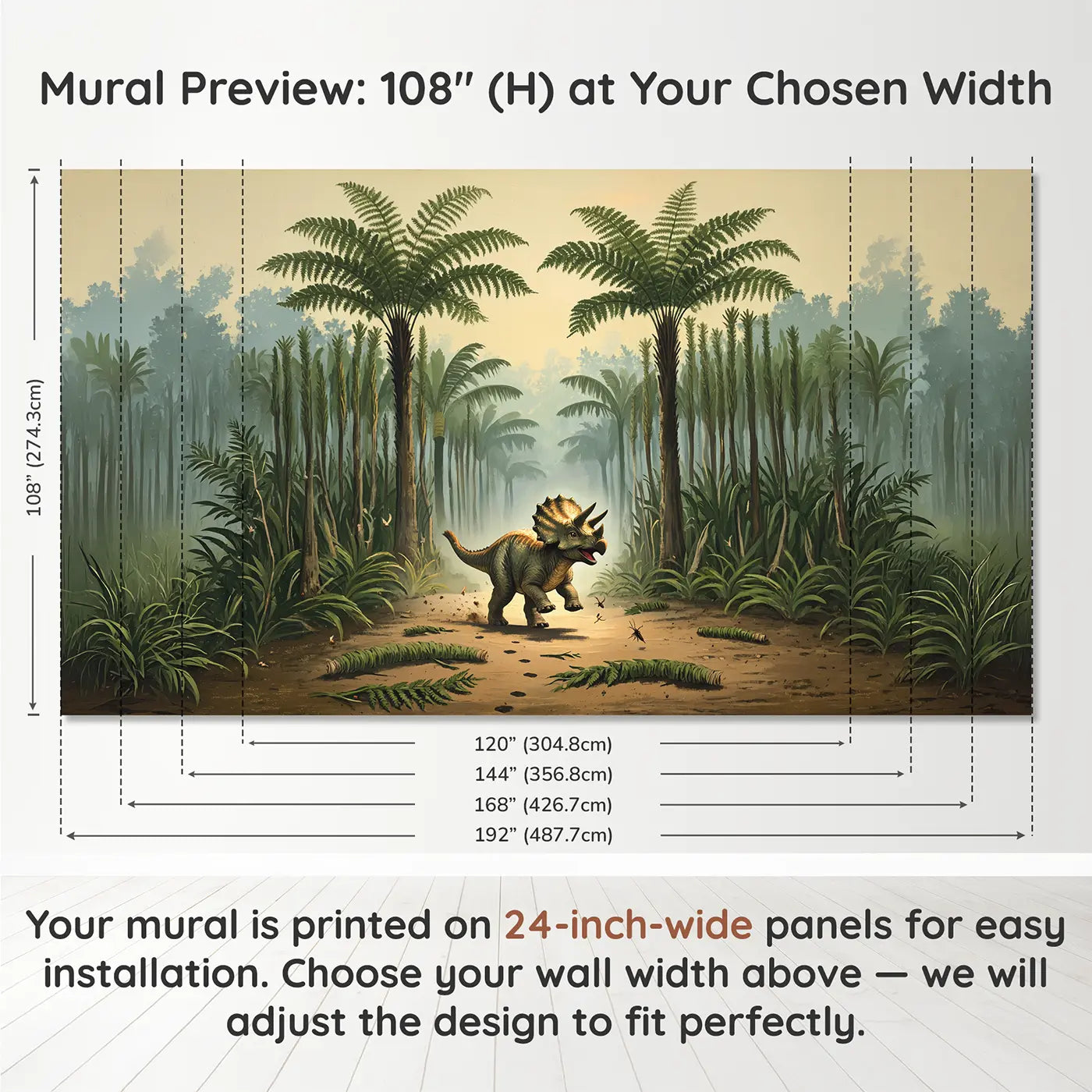 Panel layout and dimensions for Playful Triceratops Fern Forest Wallpaper Mural by Whimsy Tots