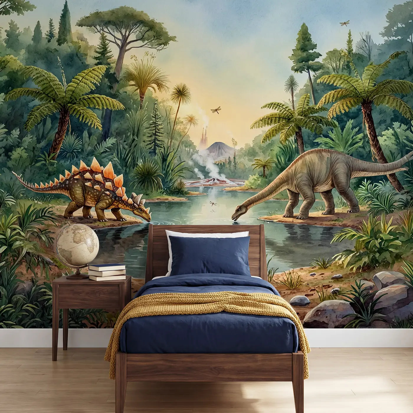 Watercolor dinosaur watering hole prehistoric wallpaper mural for kids room by Whimsy Tots