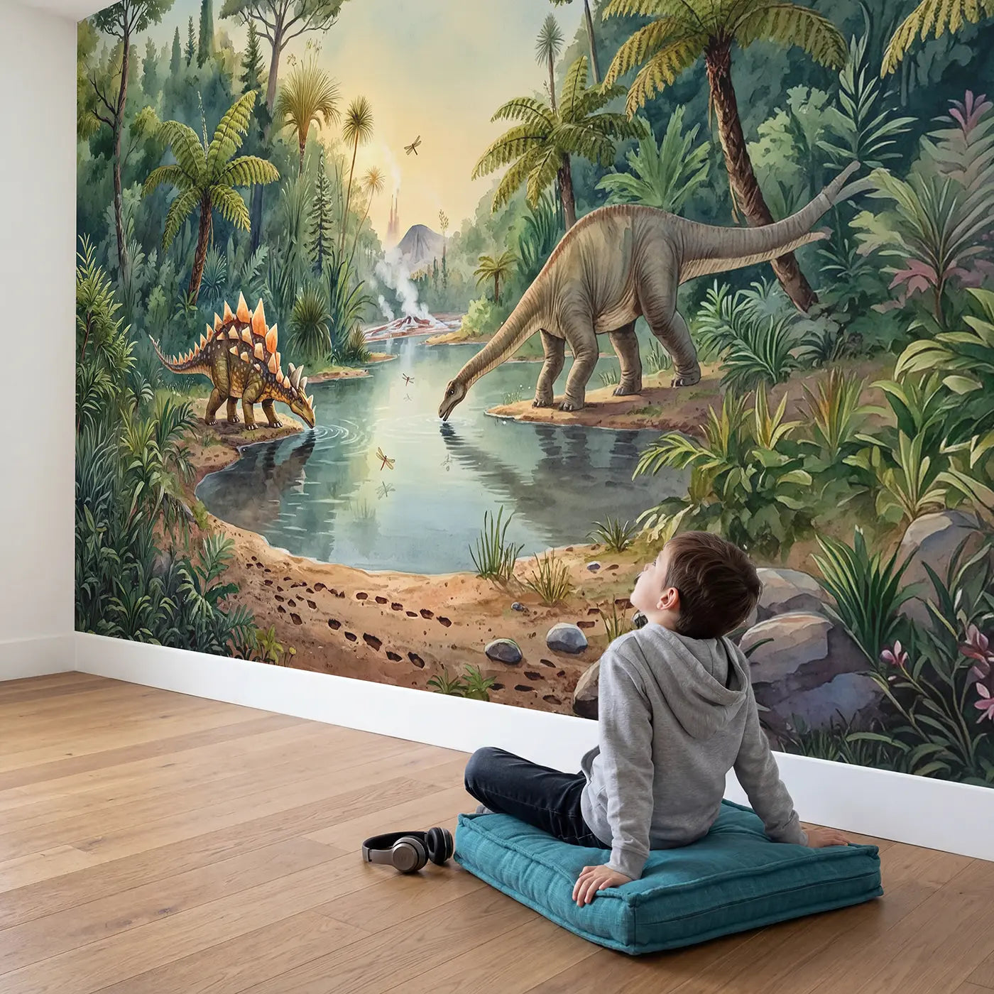 Child in nursery with Dinosaur Watering Hole Meeting Wallpaper Mural by Whimsy Tots