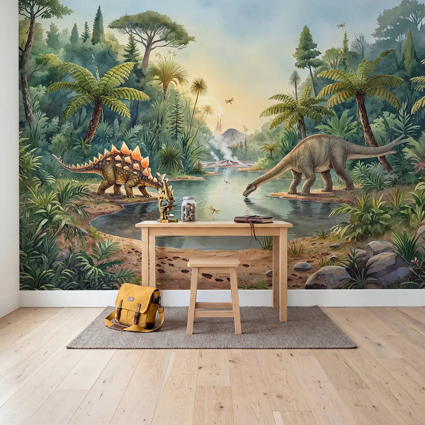 Dinosaur Watering Hole Meeting Wallpaper Mural in playroom setting by Whimsy Tots