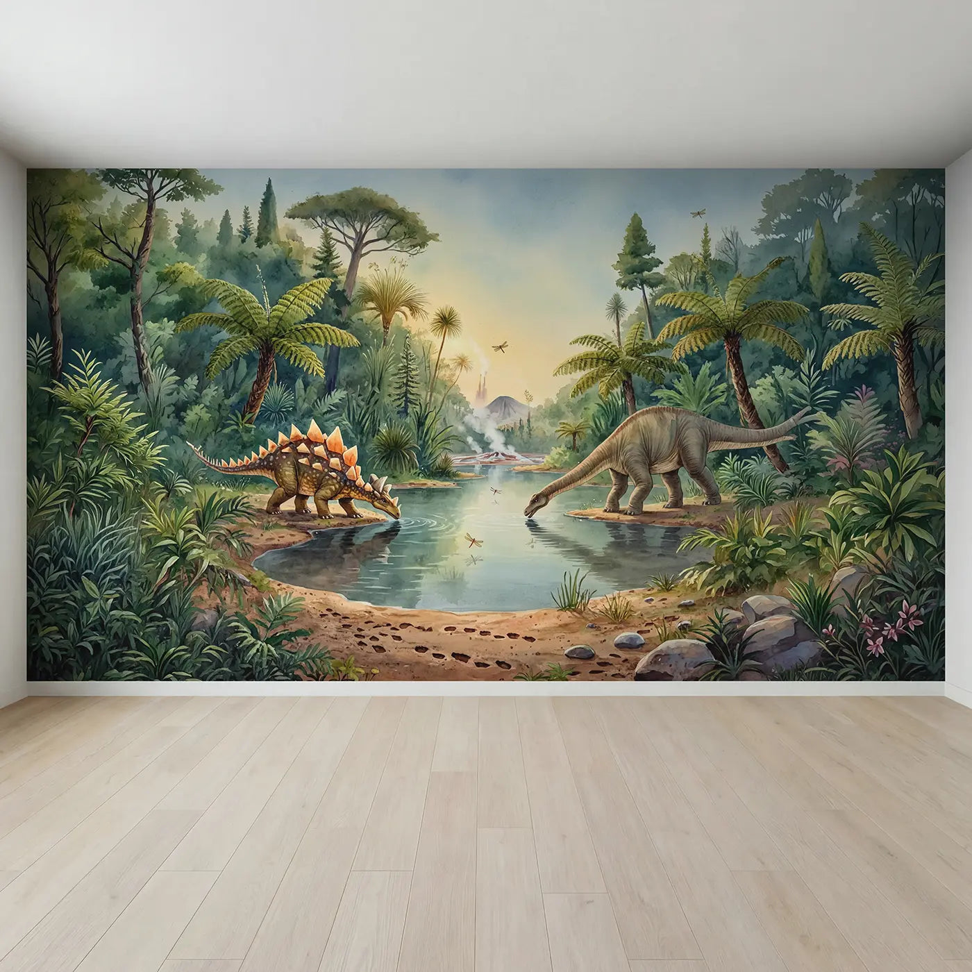 Full view of Dinosaur Watering Hole Meeting Wallpaper Mural by Whimsy Tots