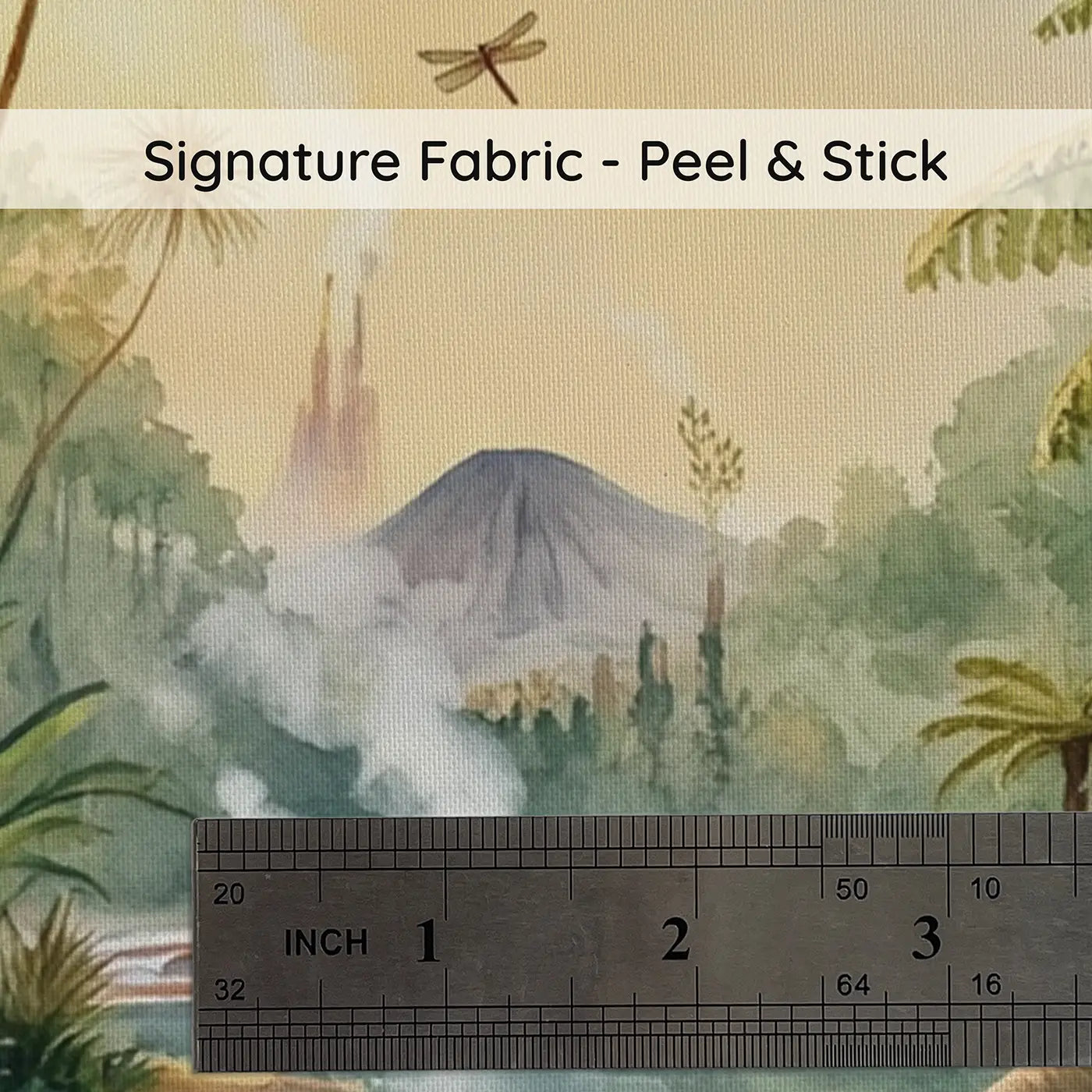 Fabric texture close-up of Dinosaur Watering Hole Meeting Wallpaper Mural by Whimsy Tots
