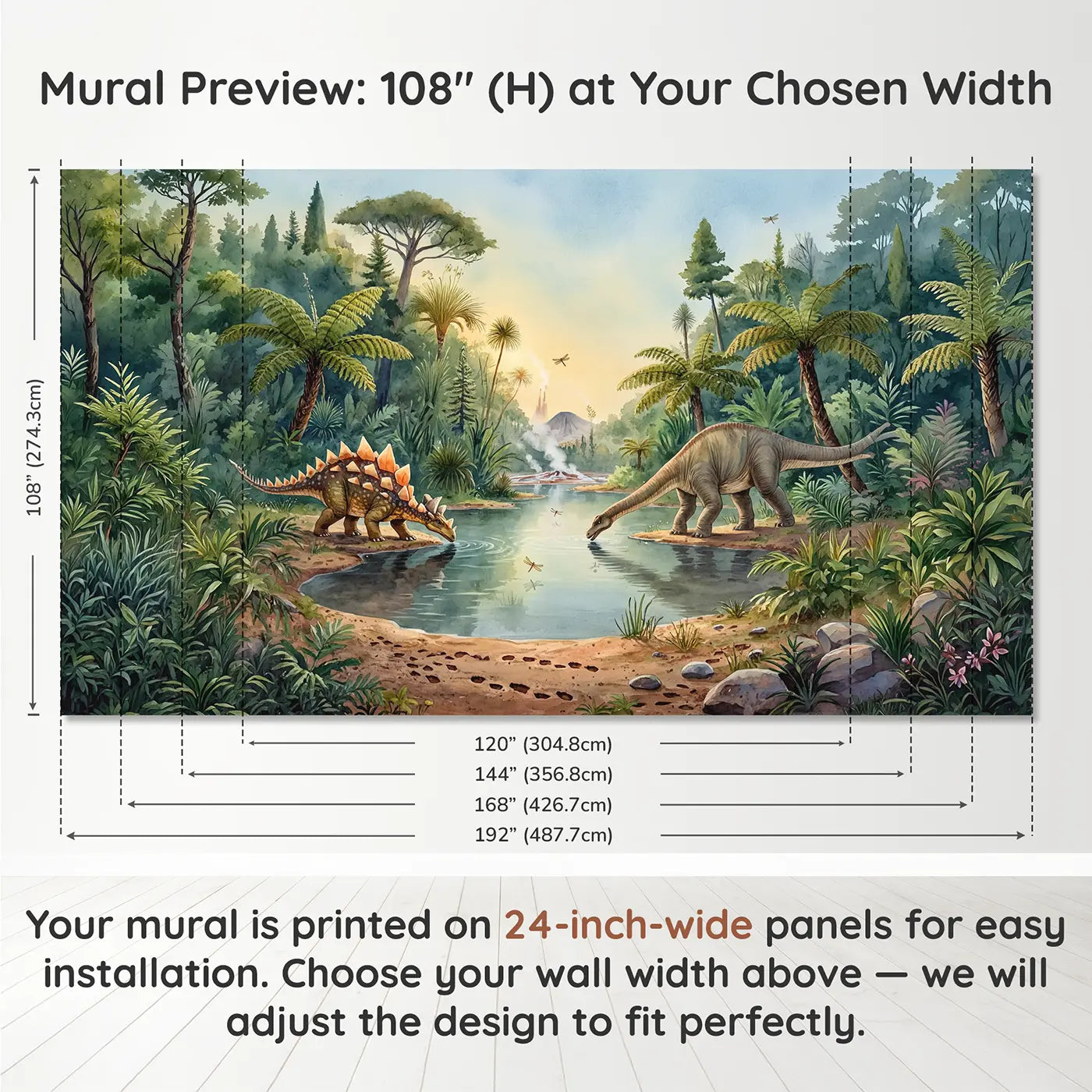 Panel layout and dimensions for Dinosaur Watering Hole Meeting Wallpaper Mural by Whimsy Tots