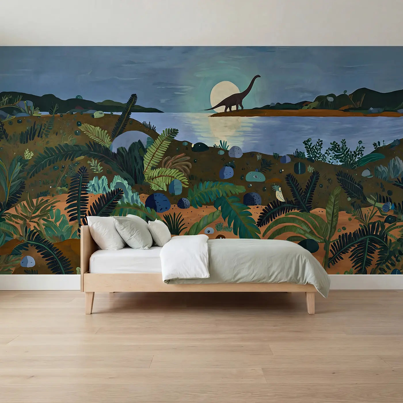 illustrated parasaurolophus moonlit lake wallpaper mural for kids room by Whimsy Tots