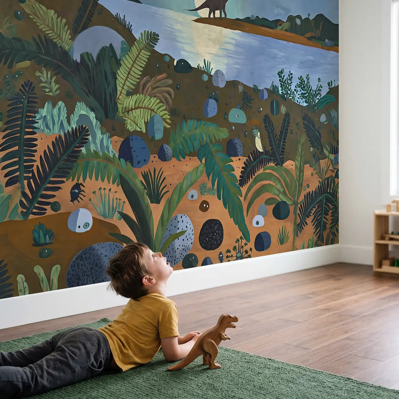 Child in nursery with Parasaurolophus Choir Moonlit Lake Wallpaper Mural by Whimsy Tots
