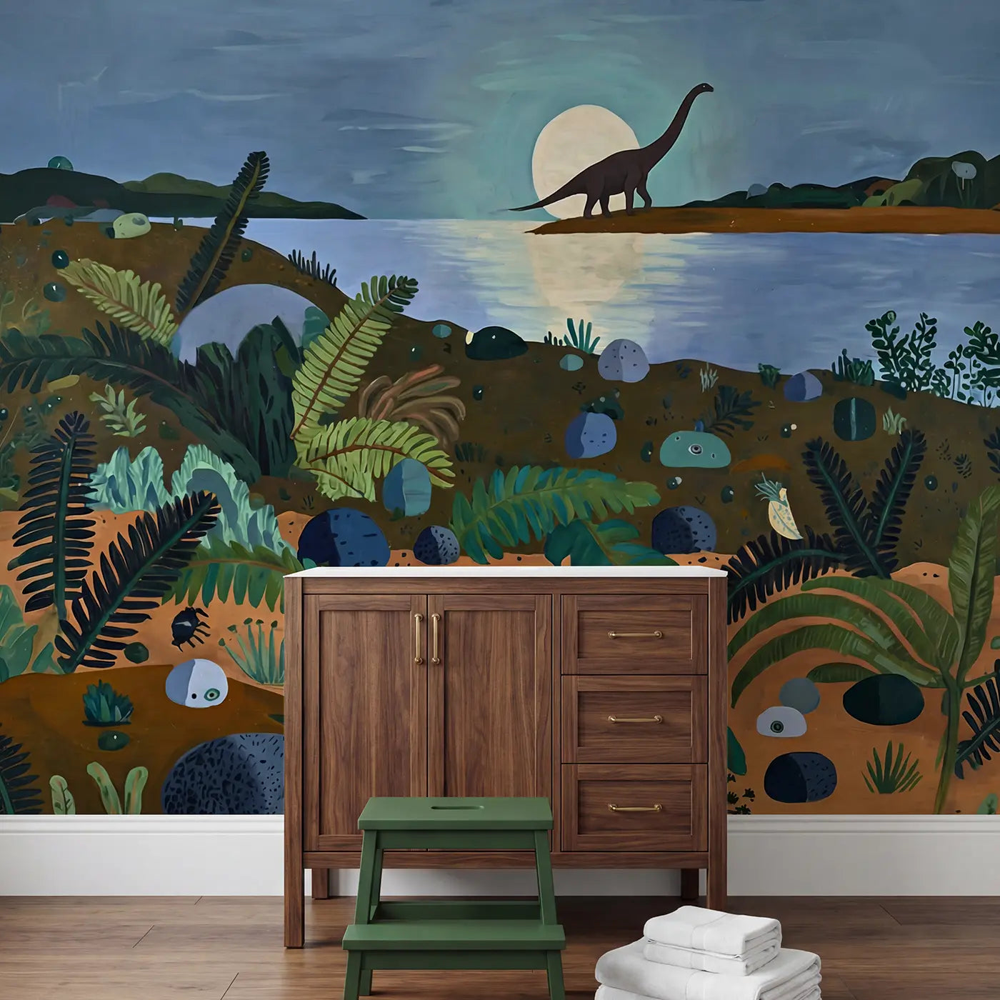 Parasaurolophus Choir Moonlit Lake Wallpaper Mural in playroom setting by Whimsy Tots