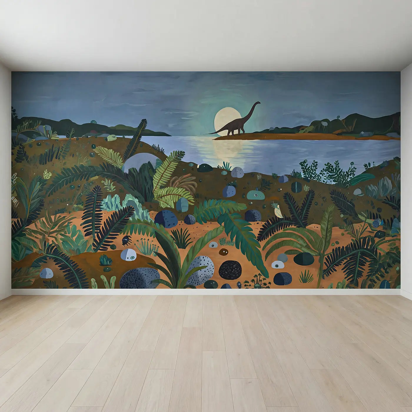 Full view of Parasaurolophus Choir Moonlit Lake Wallpaper Mural by Whimsy Tots