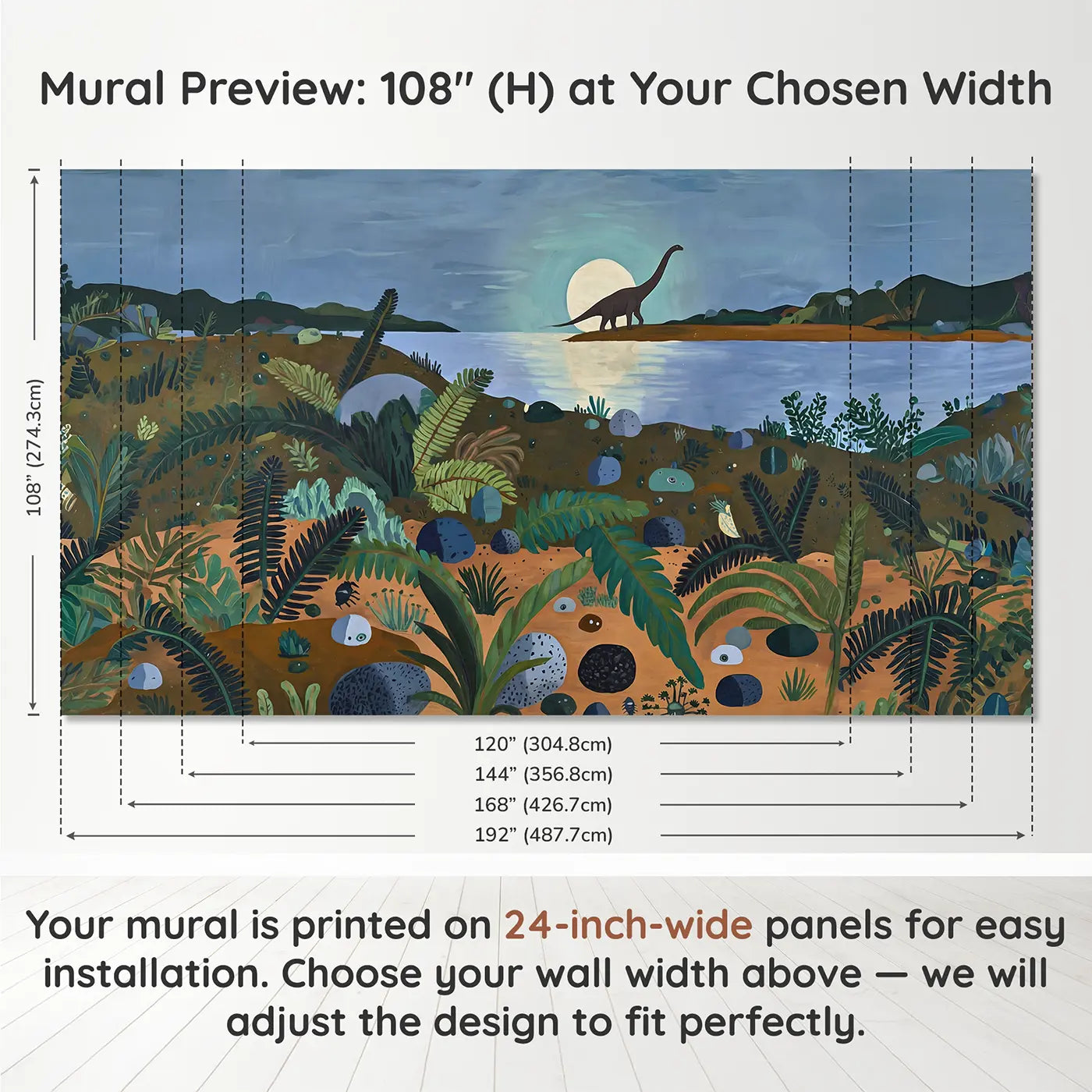 Panel layout and dimensions for Parasaurolophus Choir Moonlit Lake Wallpaper Mural by Whimsy Tots