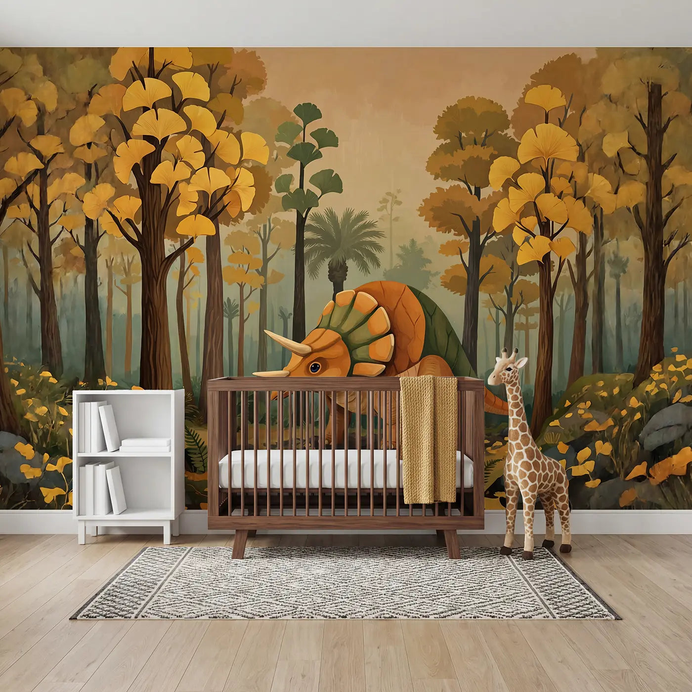 Modern Illustration ginkgo forest pachycephalosaurus wallpaper mural for kids room by Whimsy Tots