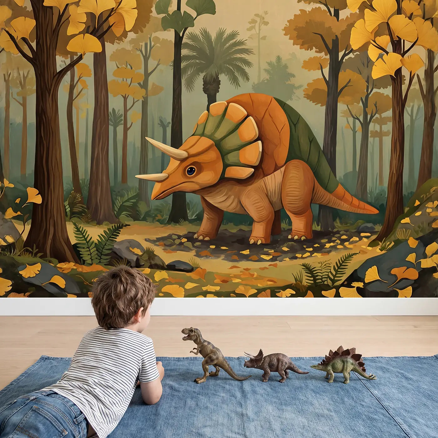 Child in nursery with Ginkgo Forest Pachycephalosaurus Wallpaper Mural by Whimsy Tots