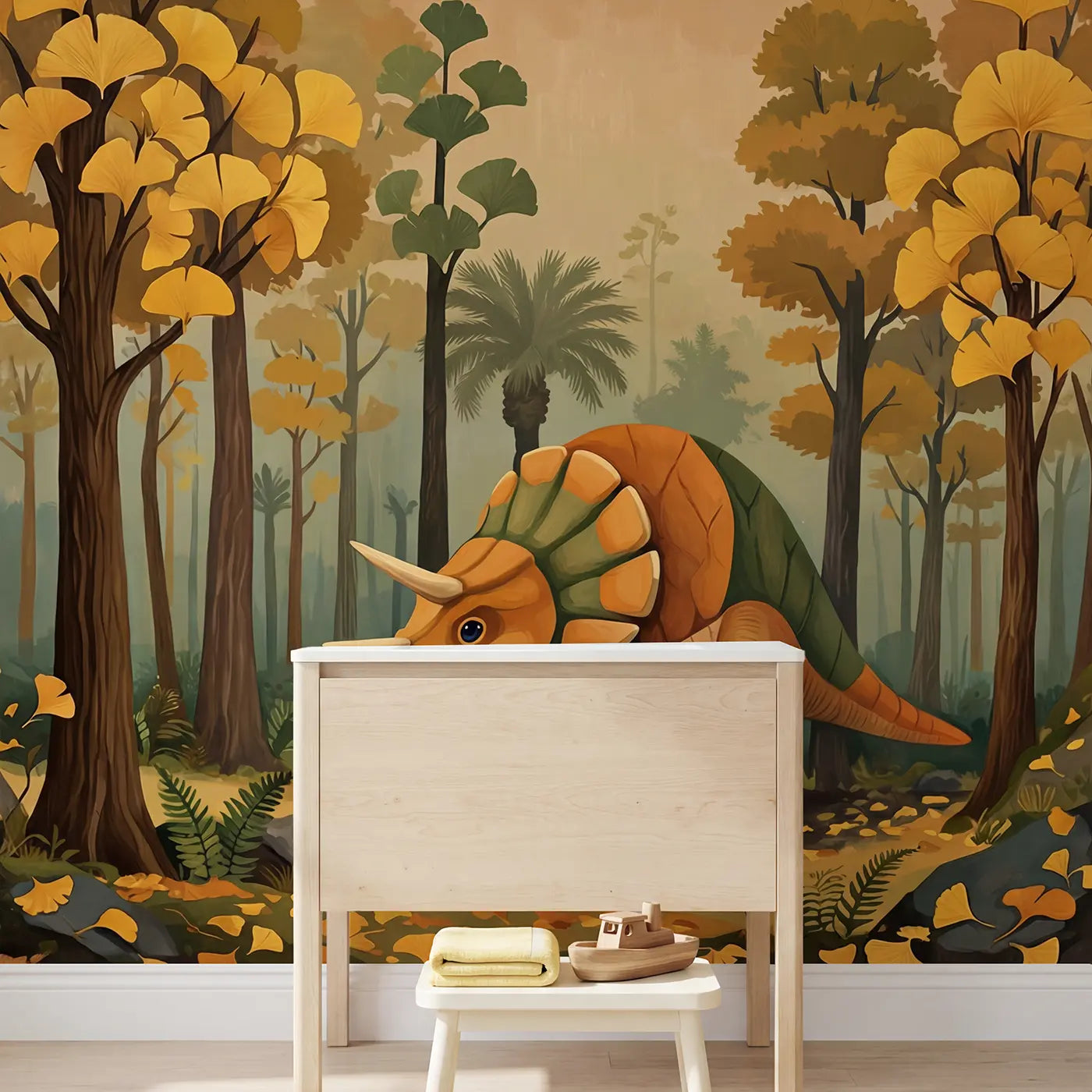 Ginkgo Forest Pachycephalosaurus Wallpaper Mural in playroom setting by Whimsy Tots