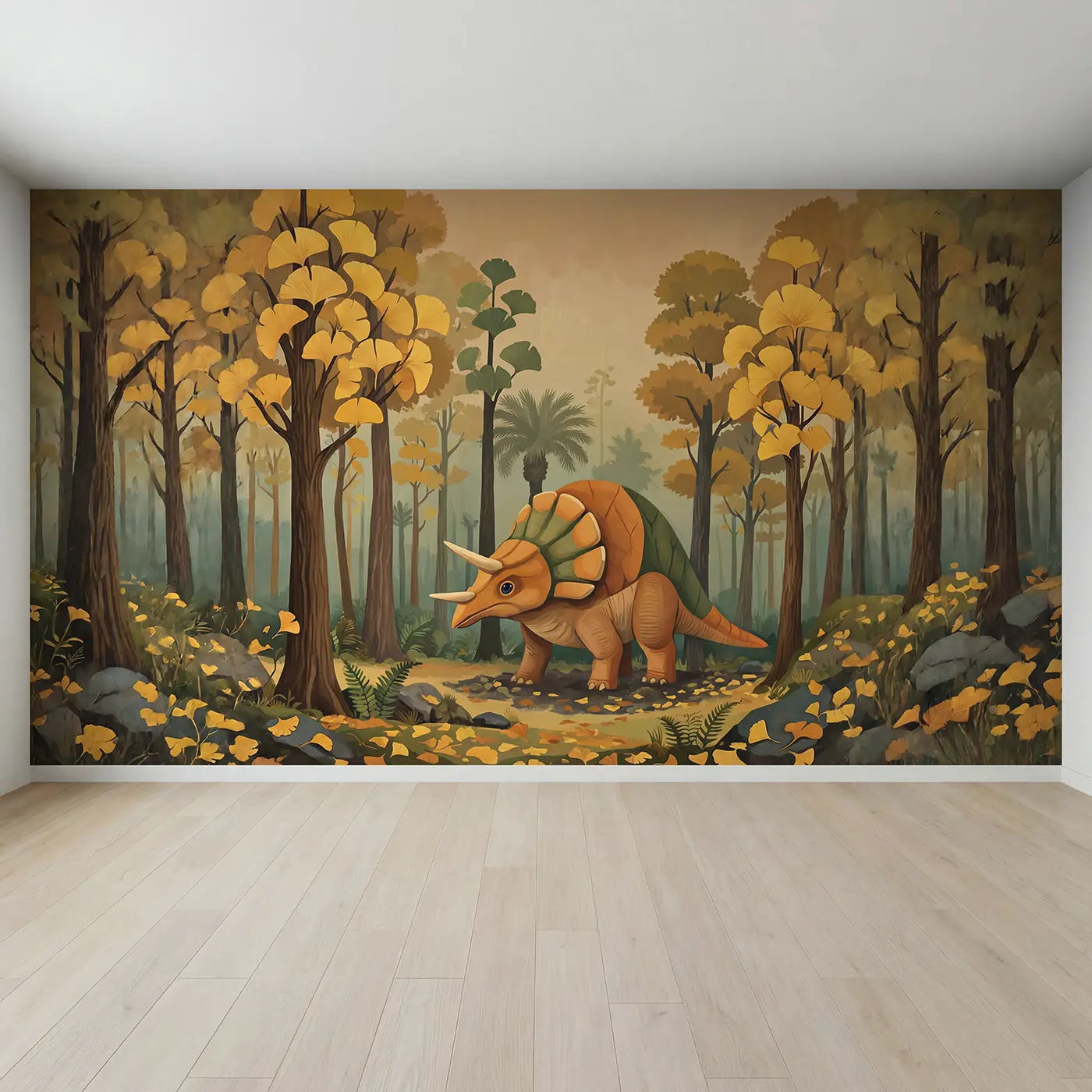 Full view of Ginkgo Forest Pachycephalosaurus Wallpaper Mural by Whimsy Tots