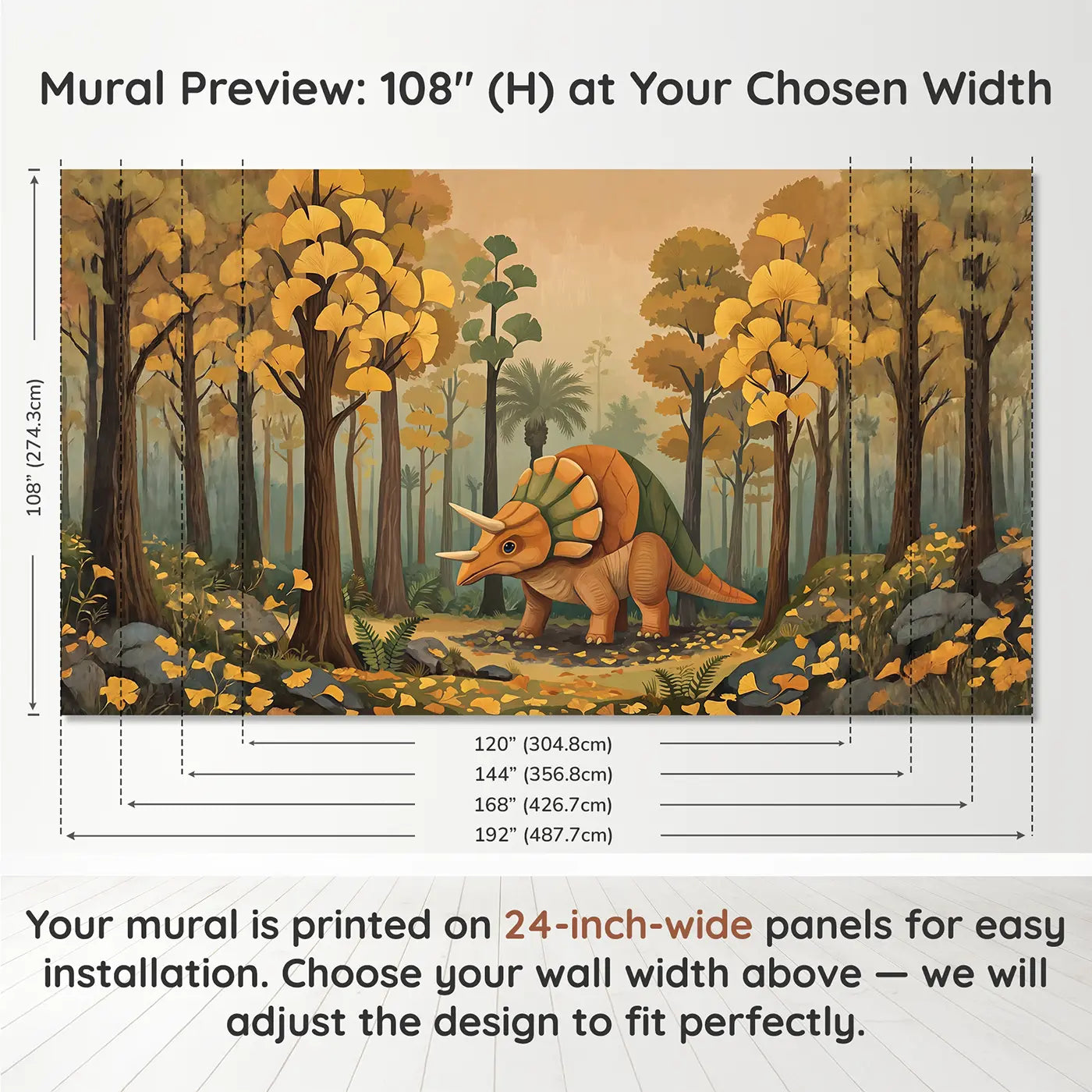 Panel layout and dimensions for Ginkgo Forest Pachycephalosaurus Wallpaper Mural by Whimsy Tots