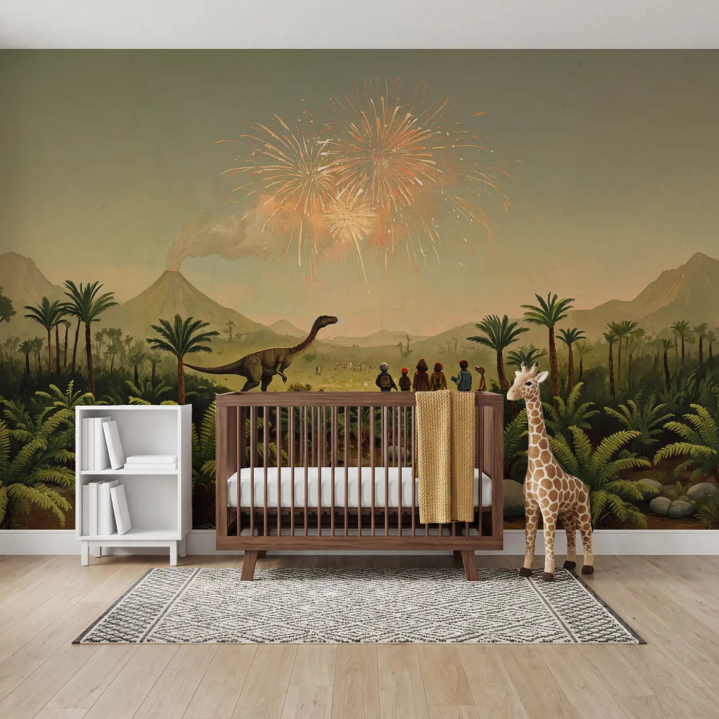 painted dinosaurs volcanic night sky wallpaper mural for nursery by Whimsy Tots
