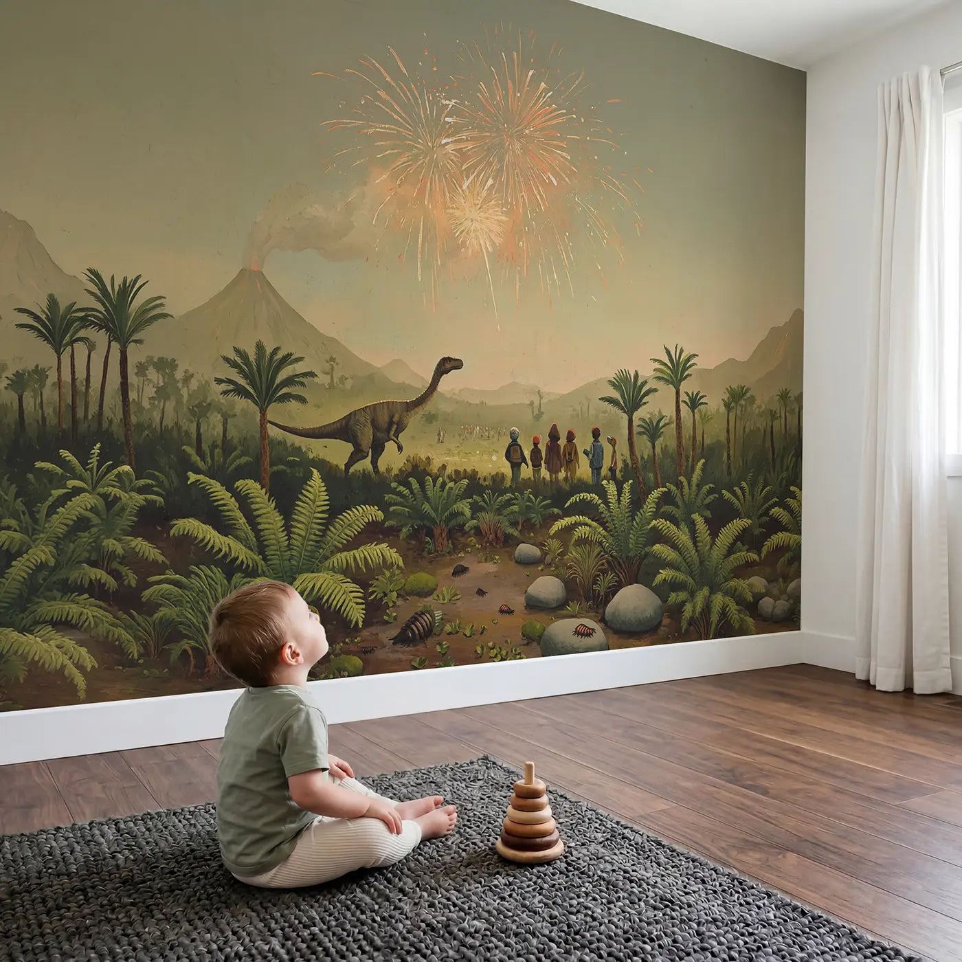 Child in nursery with Dinosaurs Watching Volcanic Fireworks Wallpaper Mural by Whimsy Tots