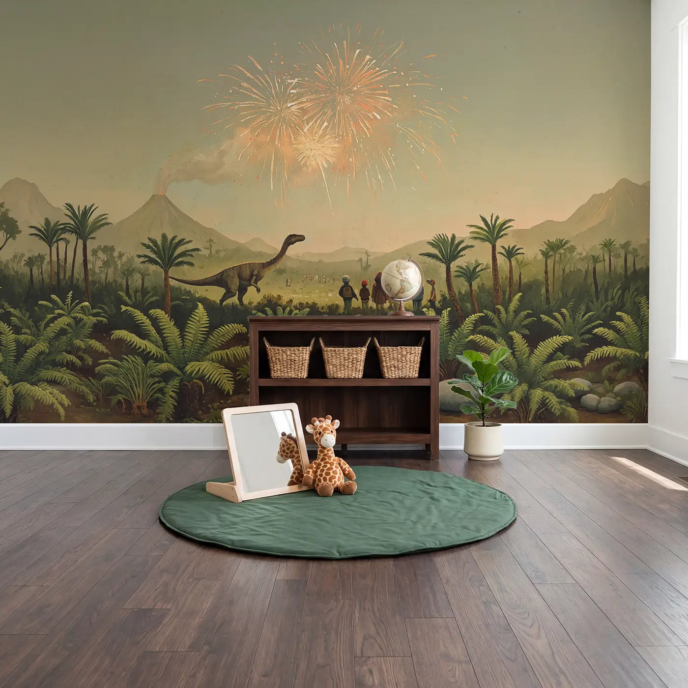 Dinosaurs Watching Volcanic Fireworks Wallpaper Mural in playroom setting by Whimsy Tots