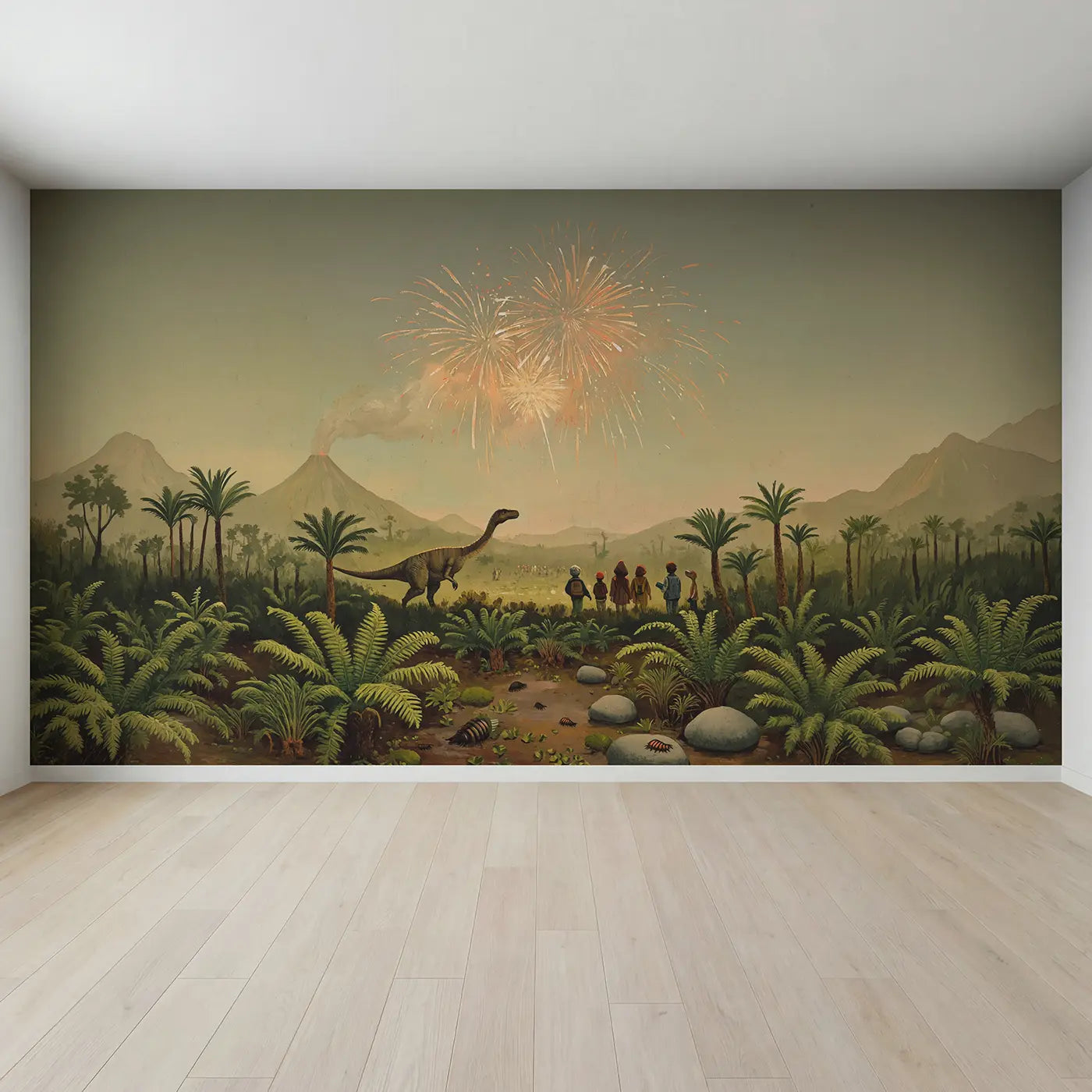 Full view of Dinosaurs Watching Volcanic Fireworks Wallpaper Mural by Whimsy Tots