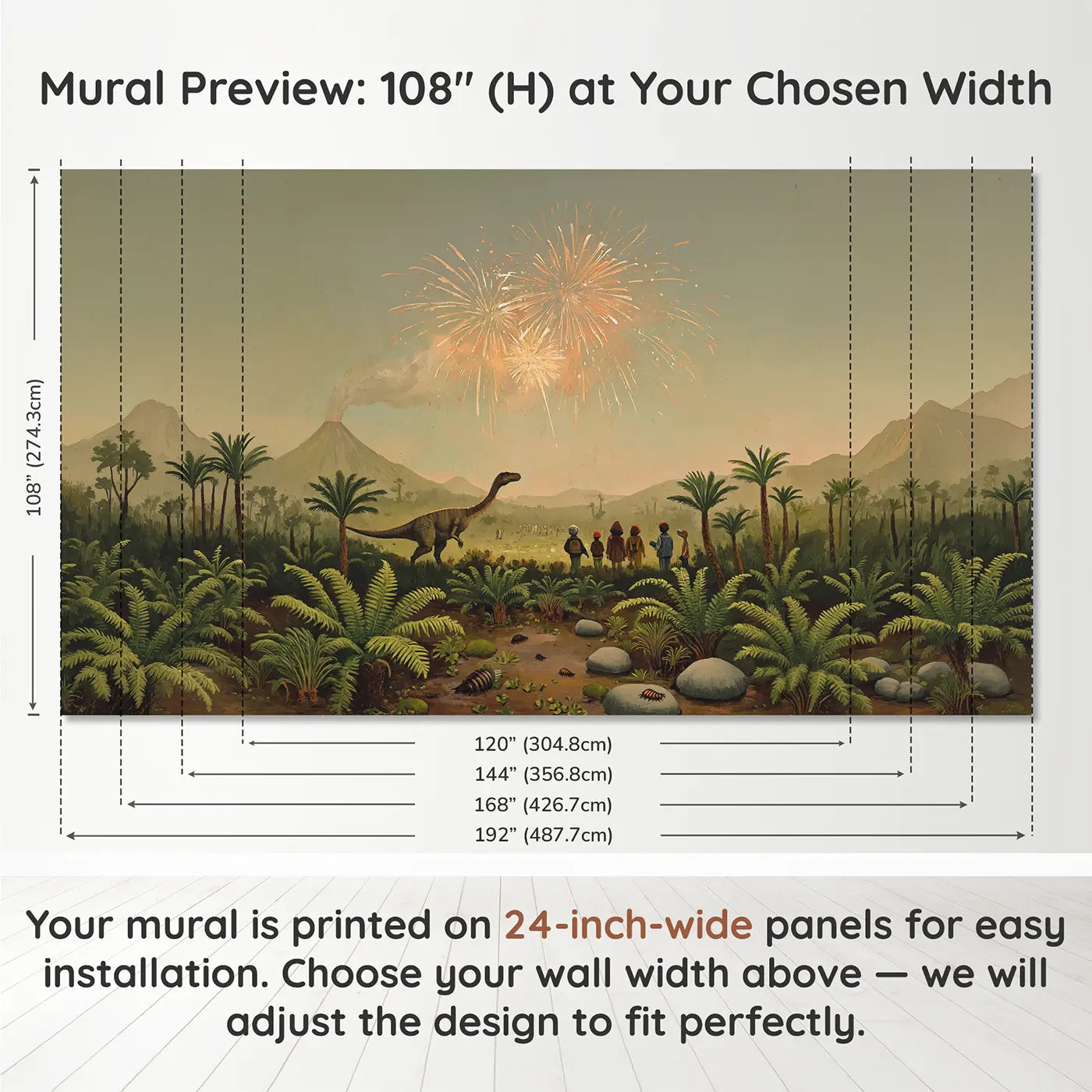 Panel layout and dimensions for Dinosaurs Watching Volcanic Fireworks Wallpaper Mural by Whimsy Tots