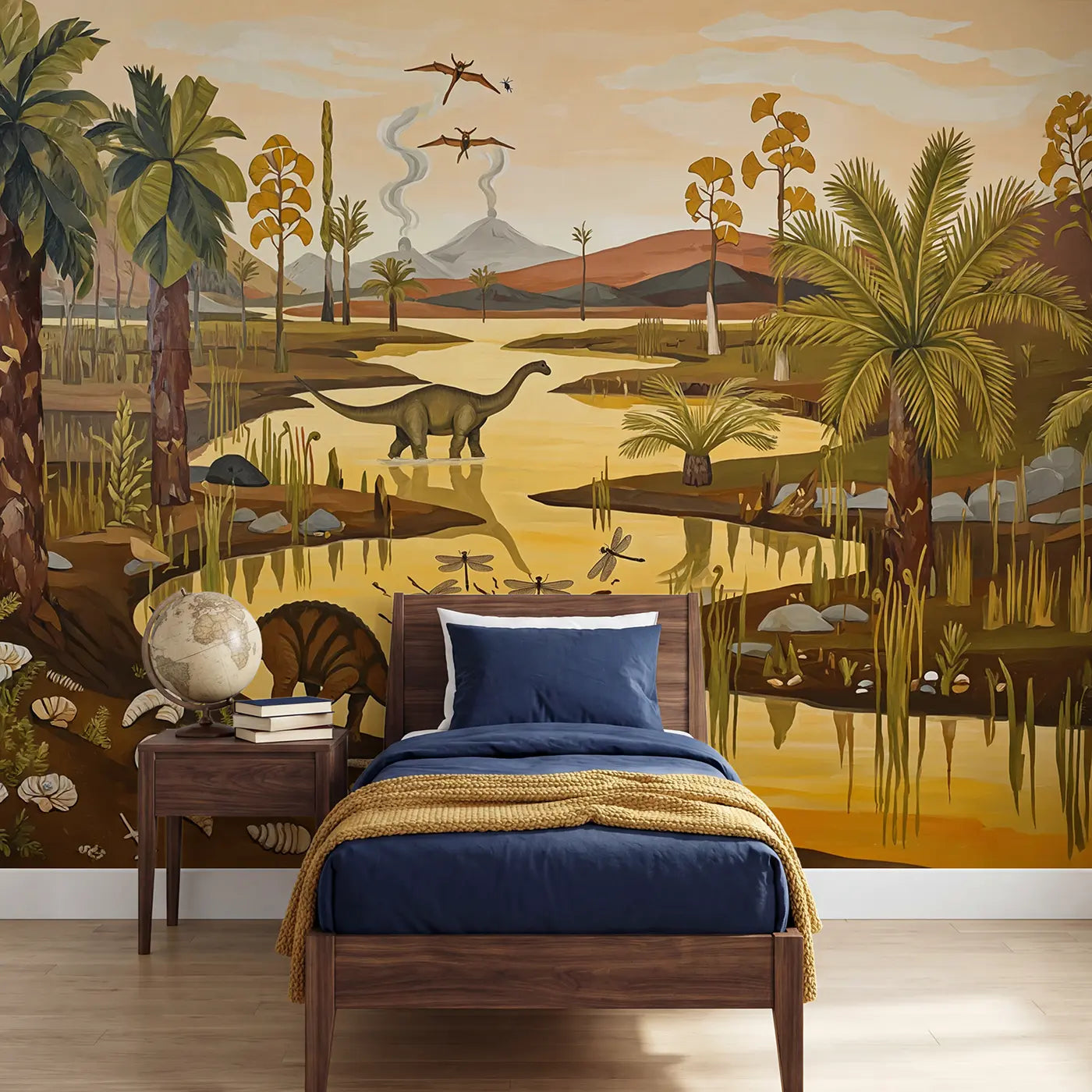 Modern illustration diplodocus prehistoric wallpaper mural for kids room by Whimsy Tots