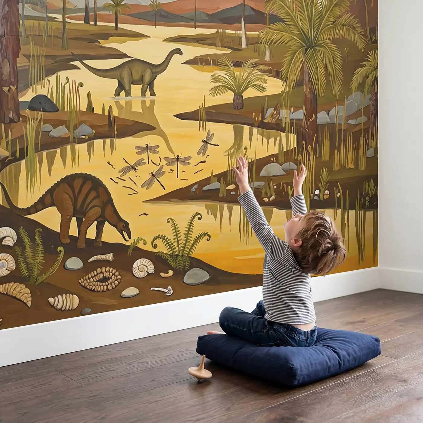 Child in nursery with Prehistoric Swamp Explorers Wallpaper Mural by Whimsy Tots
