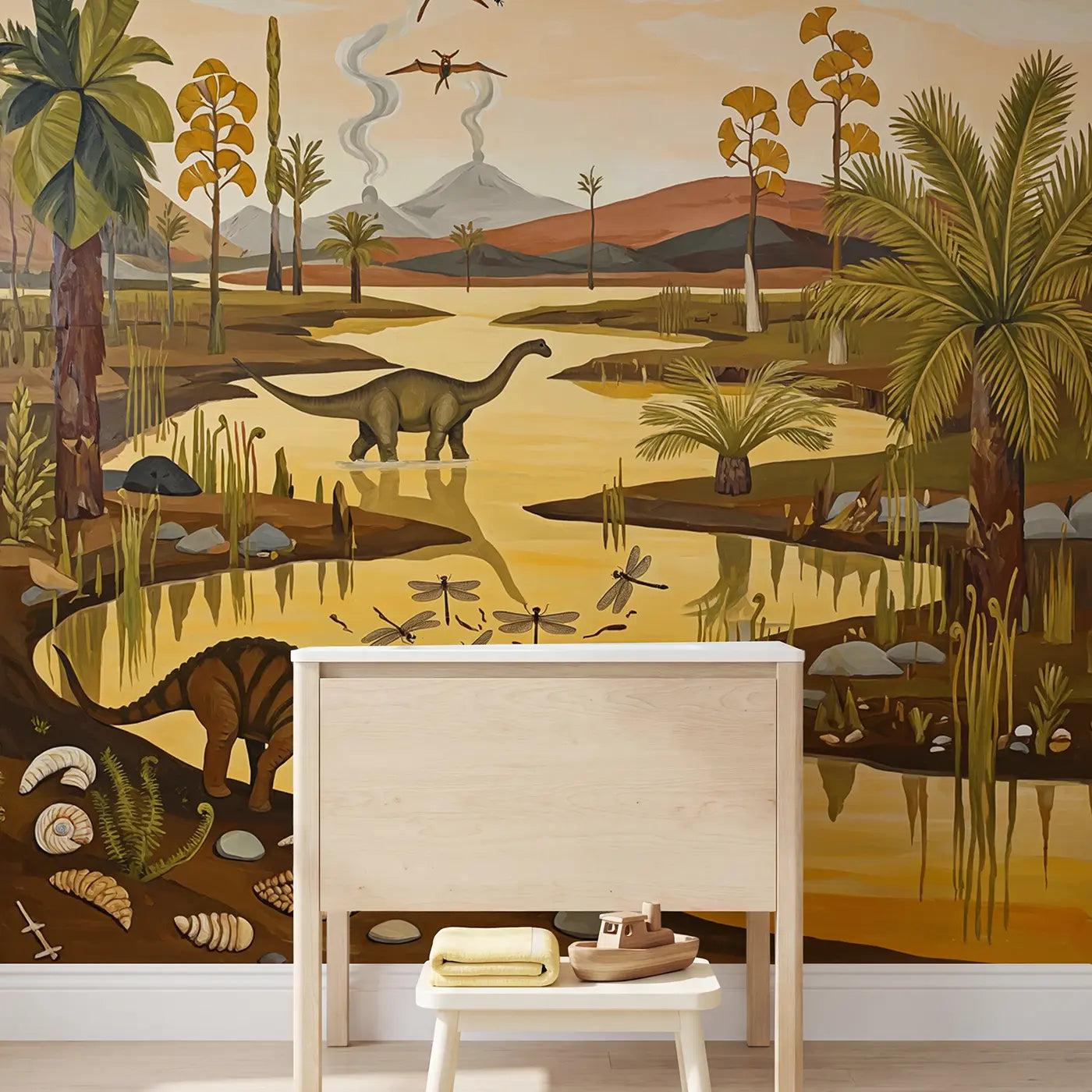 Prehistoric Swamp Explorers Wallpaper Mural in playroom setting by Whimsy Tots