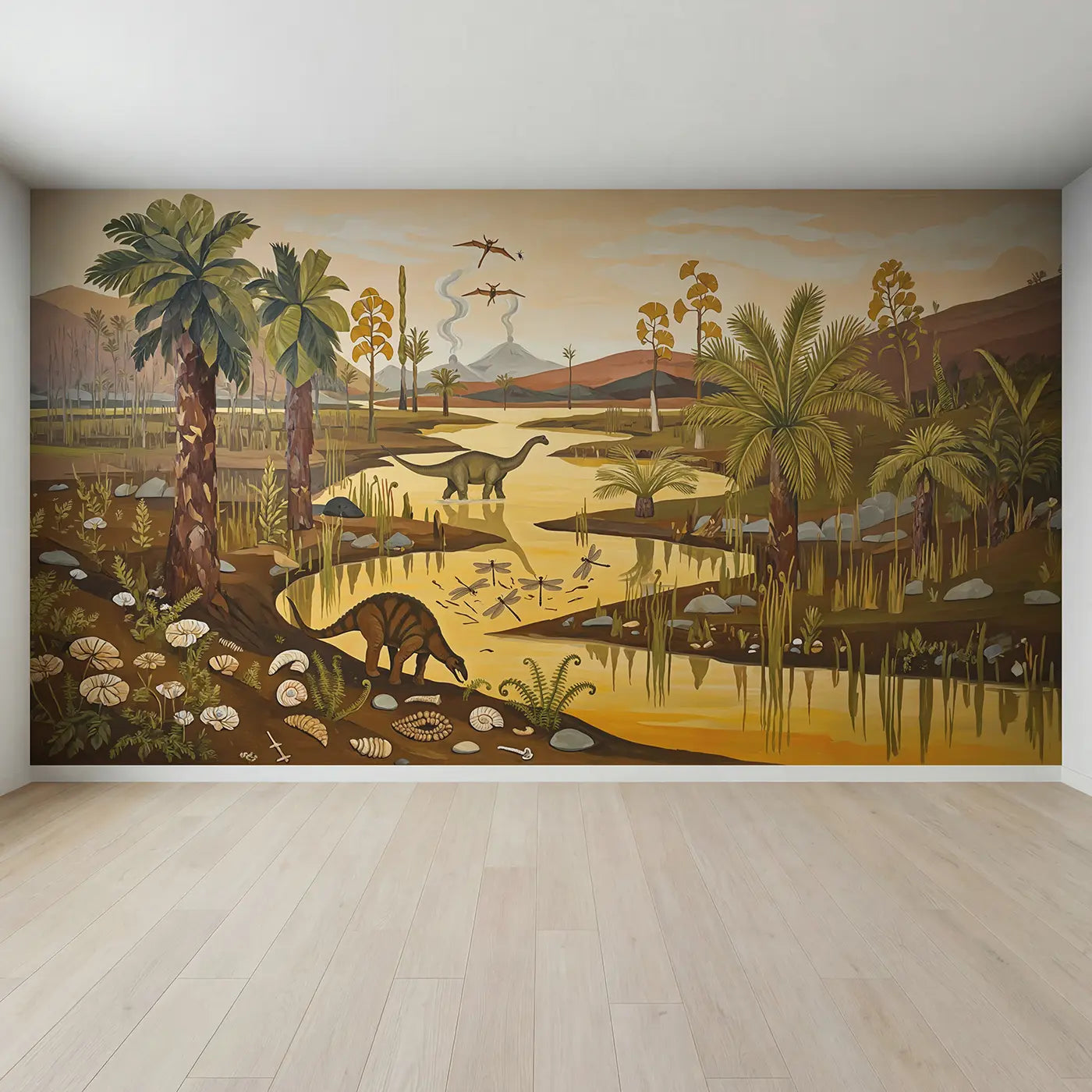 Full view of Prehistoric Swamp Explorers Wallpaper Mural by Whimsy Tots